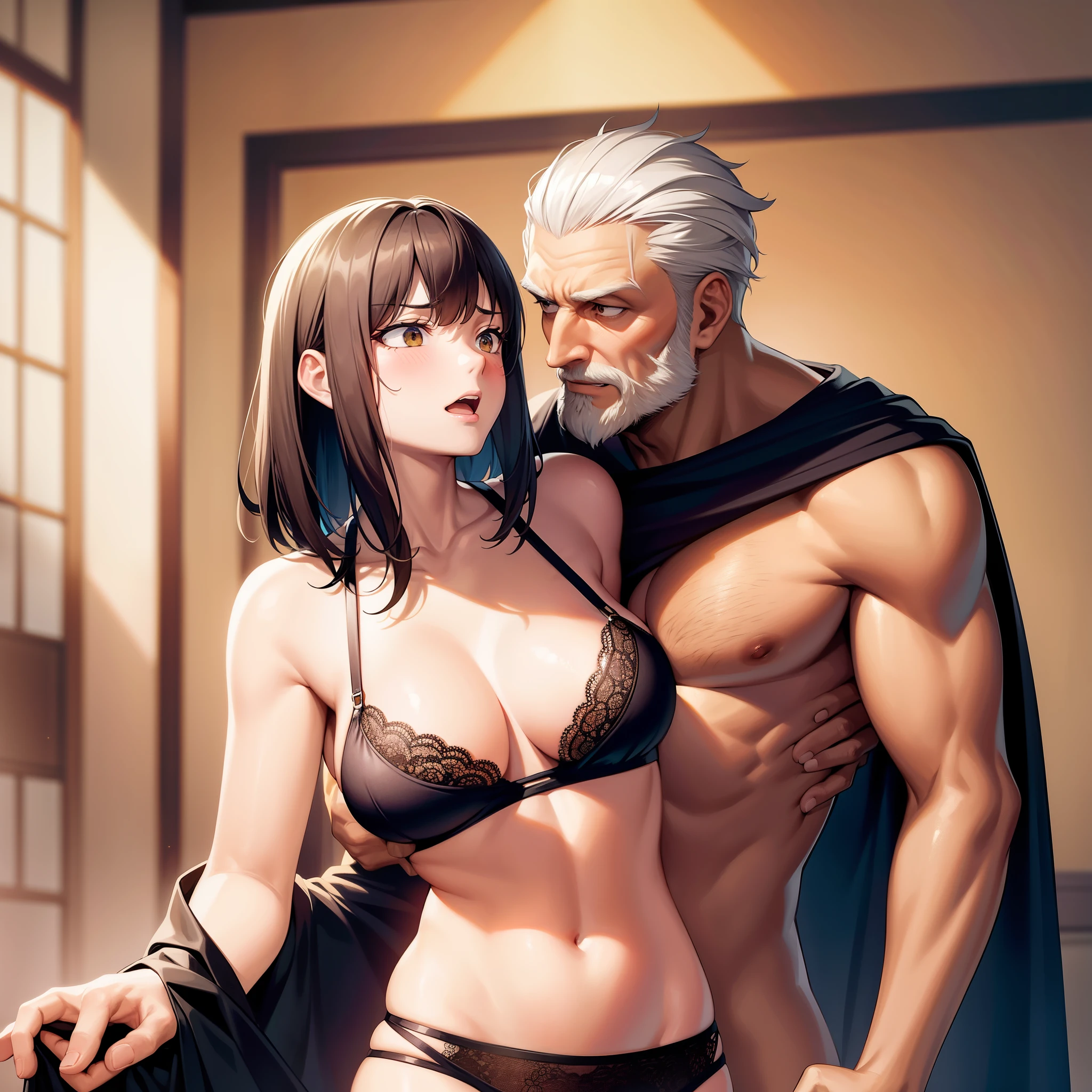The emperor is a rugged and burly old man (tall, handsome,shirtless,beard,short hair,hug,  being arrogant towards someone who sees it by tugging at a girl's bra until it is loose and torn ) making out with a girl concubine (age 22, beautiful, slender body, radiant skin, half naked breasts, cleavage ,short hair, colour yellow linggrie,surprised and embarrassed to someone who saw them) who is changing her linggrie in an ancient royal chamber chinese,good looking,8k,masterpieces:1,5,whole full body.
