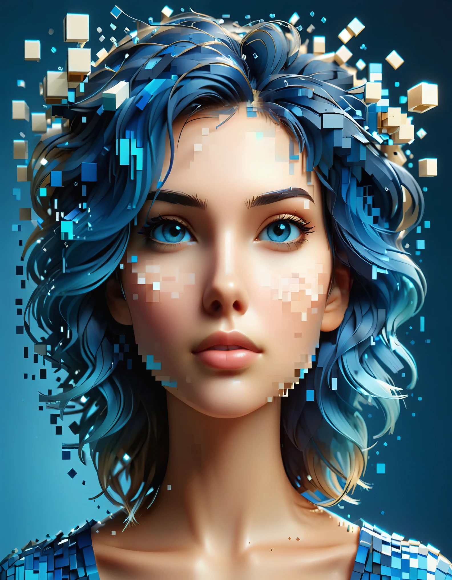 A blue gradient color dissolved pixel wall of a beautiful woman&#39;s head，3D voxel blocks，A structure that starts out intact but gradually disintegrates in the air，Sunlight shines in through the partially hollowed out，background universe