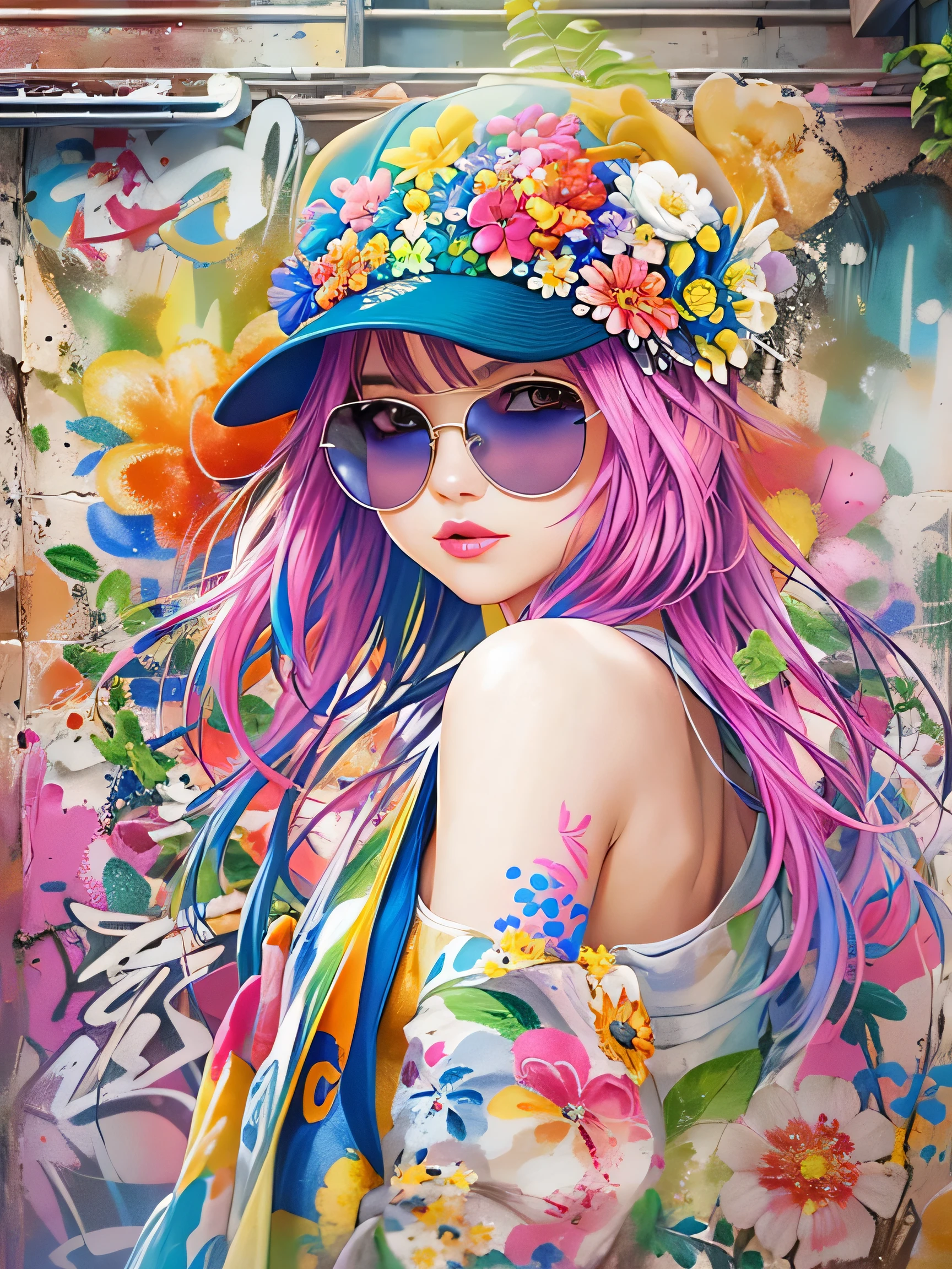 8K quality, watercolor painting, stylish design, (((The strongest beautiful girl of all time))), (((Japanese)))、Idol、clear, Stylish sunglasses, Fashionable hats, (((highest quality))), bob hair, put your hand on the wall, HDR, ((Detailed details)), stylish fashion, detailed clothing texture, (((graffiti art))), colorful hair, ((masterpiece))、((Super detailed))、(((colorful flowers)))