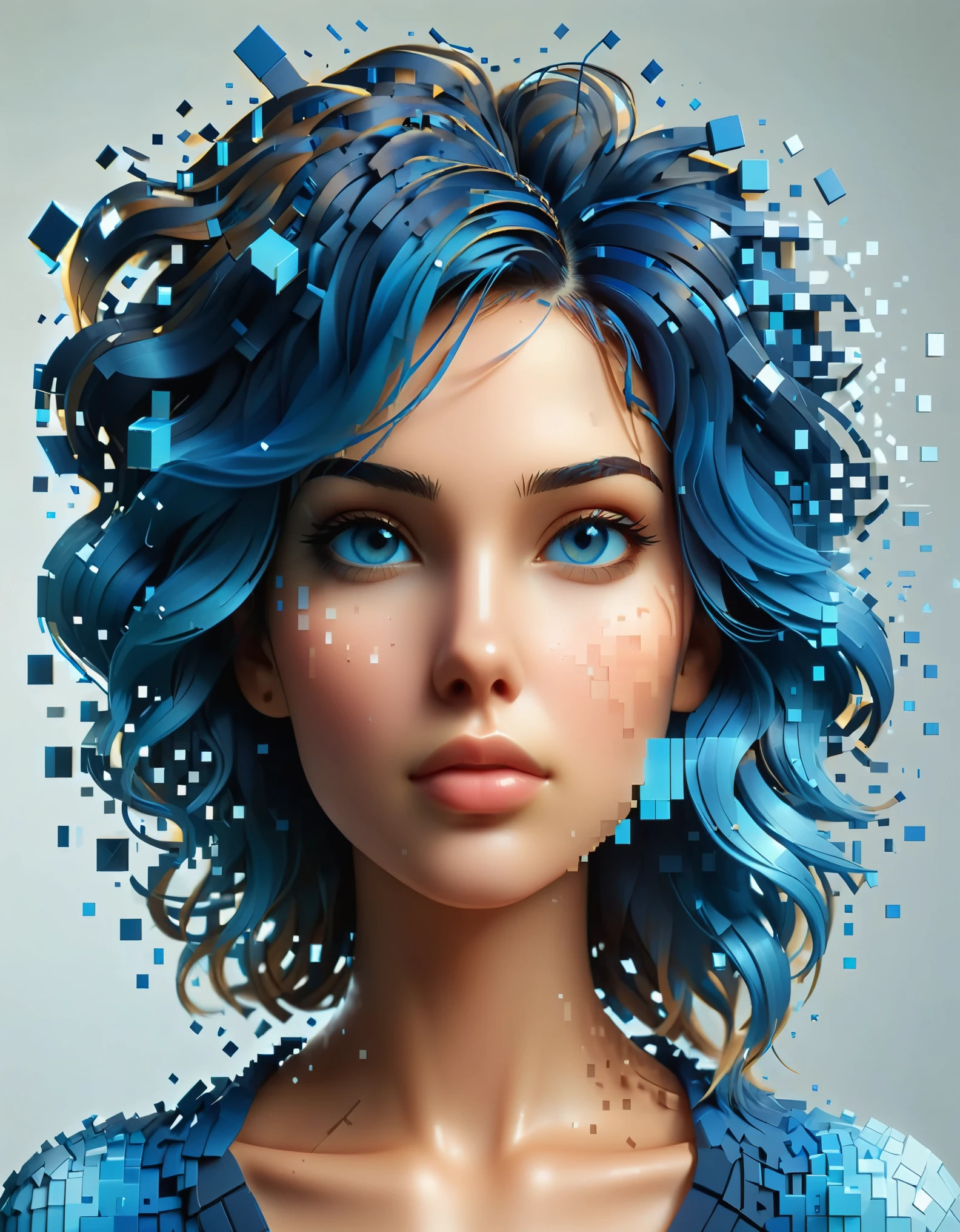 A blue gradient color dissolved pixel wall of a beautiful woman&#39;s head，3D voxel blocks，A structure that starts out intact but gradually disintegrates in the air，Sunlight shines in through the partially hollowed out，background universe