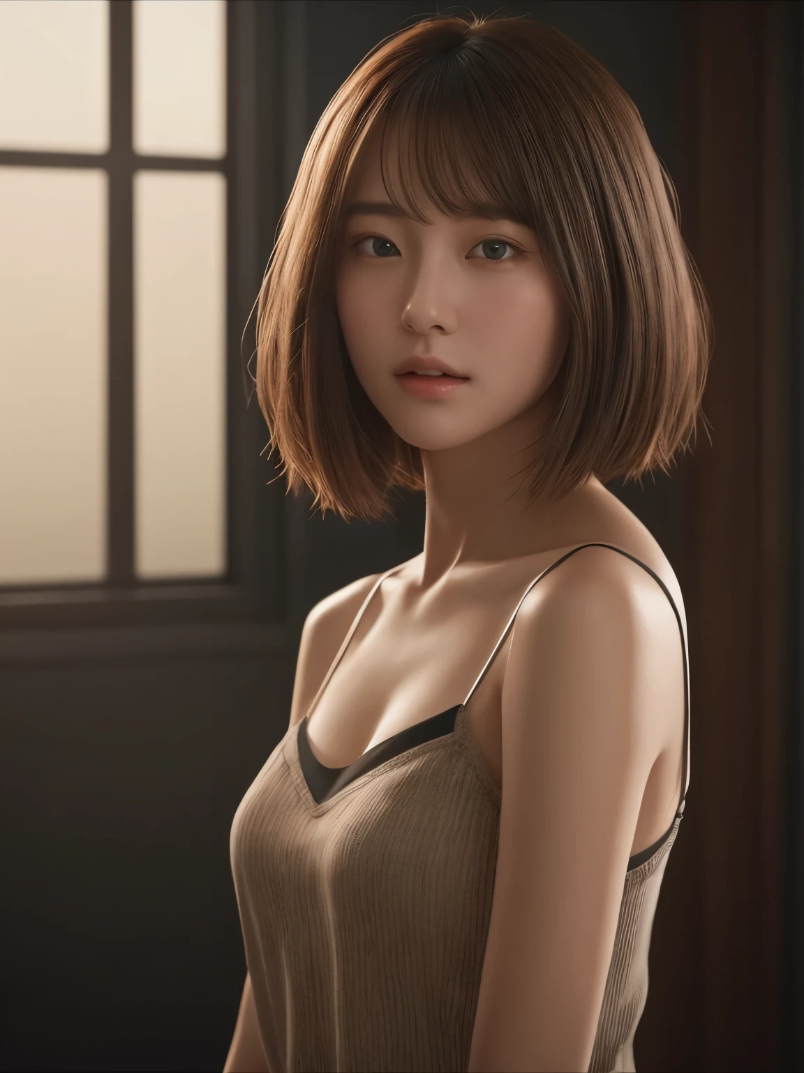 A woman with a short brown hair and a dress - SeaArt AI