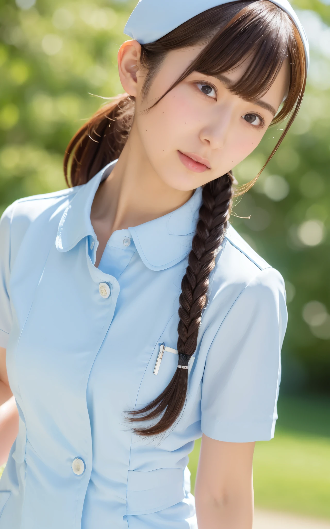 ((top quality, 8k, muste piece: 1.3)), beauty, one japanese girl, nurse, whole body, perfect anatomy, Are standing, black hair, Blunt Bangs, Lower ponytail, 20 years old, face focus, detailed face, highly detailed lips, fine eyes, sweaty skin: 1.2, nurse uniform, light blue dress, nurse cap,