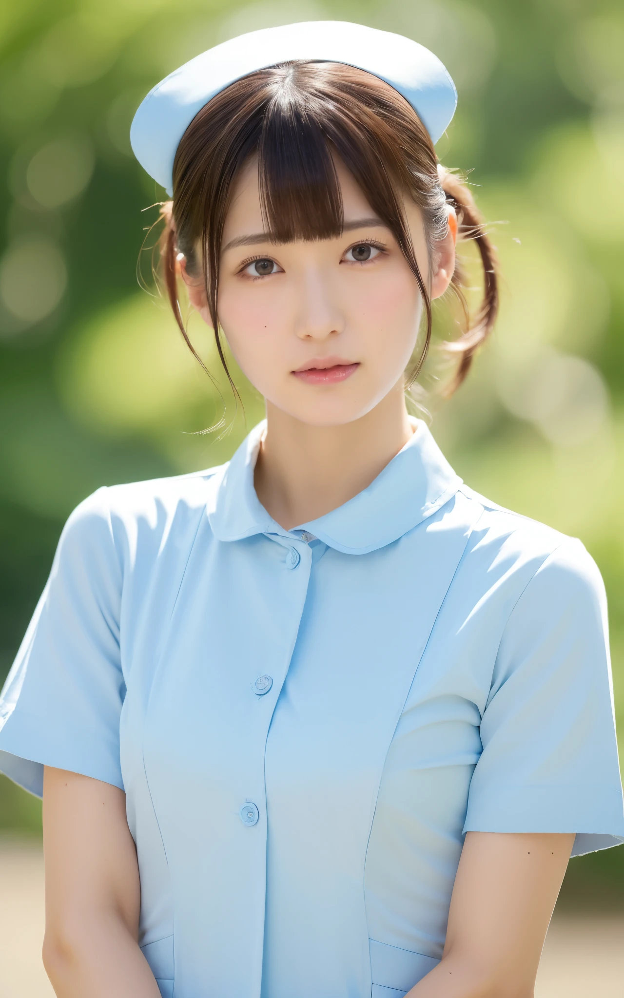 ((top quality, 8k, muste piece: 1.3)), beauty, one japanese girl, nurse, whole body, perfect anatomy, Are standing, black hair, Blunt Bangs, Lower ponytail, 20 years old, face focus, detailed face, highly detailed lips, fine eyes, sweaty skin: 1.2, nurse uniform, light blue dress, nurse cap,