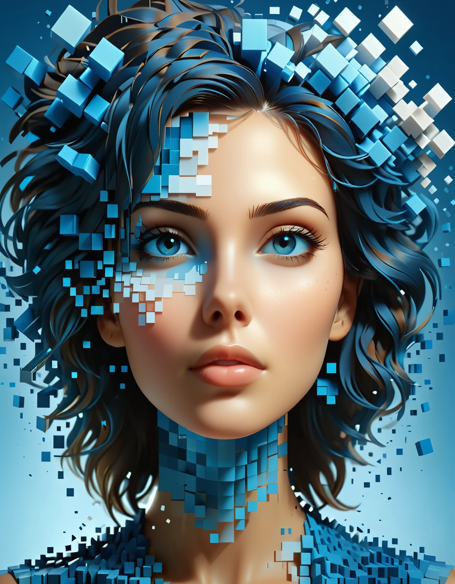 A blue gradient color dissolved pixel wall of a beautiful woman&#39;s head，3D voxel blocks，A structure that starts out intact but gradually disintegrates in the air，Sunlight shines in through the partially hollowed out，background universe