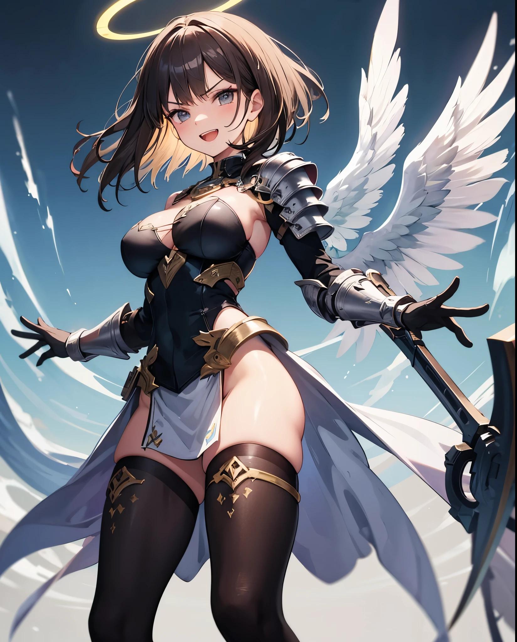 fantasy, 1angel_girl,young_, ,brown_hair, medium_bob_hair, long_bangs, halo,bare_shoulder,thighhighs,silver_armor, waist_armor, large_breasts,angry,grinning,open_mouth_teeth, 1pair_wings, dynamic_pose_fighting,floating, bare_crotch, headgear,gauntlet, greaves,city_background,slightly_spread_legs, solo, groin_naked,