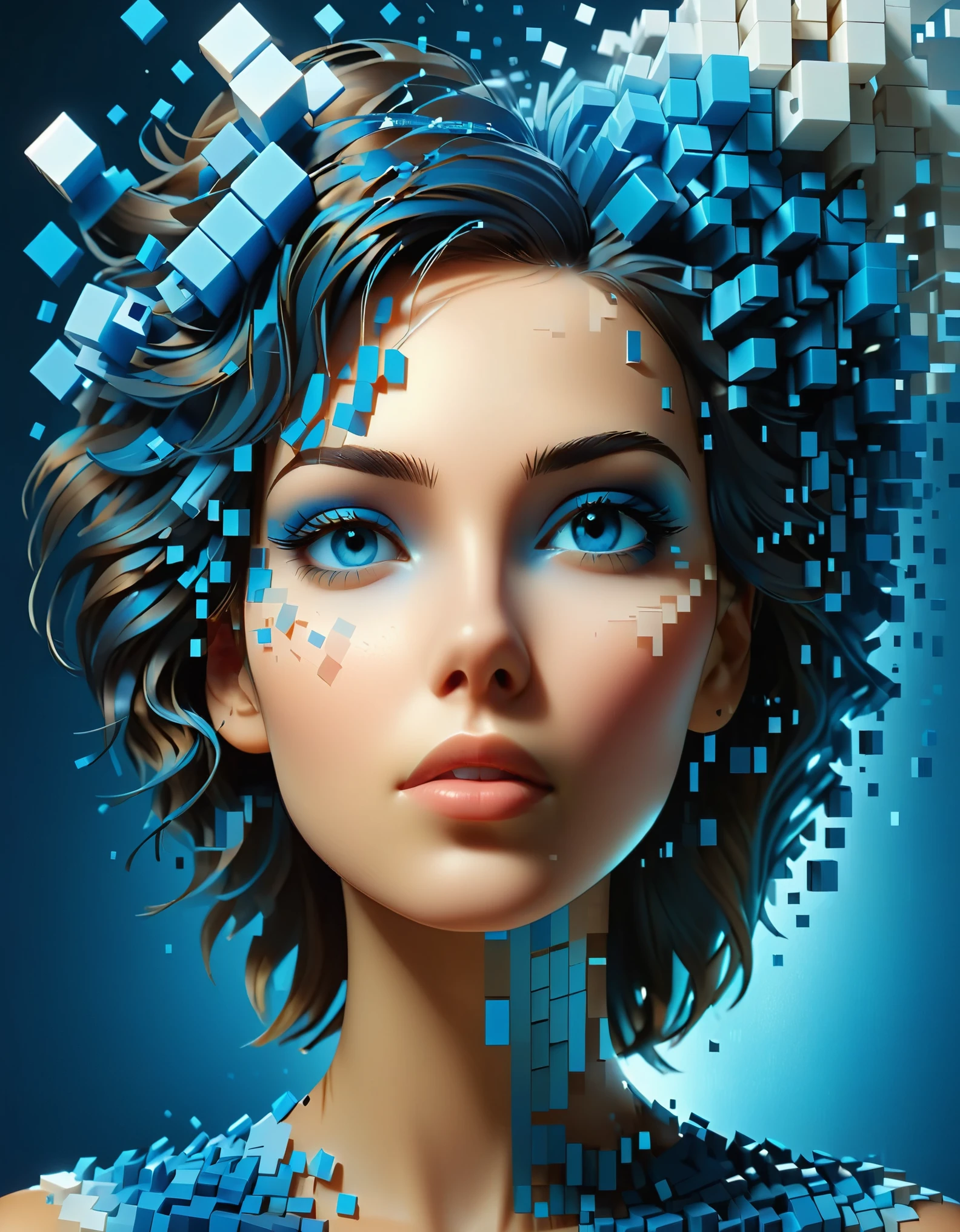 A blue gradient color dissolved pixel wall of a beautiful woman&#39;s head，3D voxel blocks，A structure that starts out intact but gradually disintegrates in the air，Sunlight shines in through the partially hollowed out，background universe