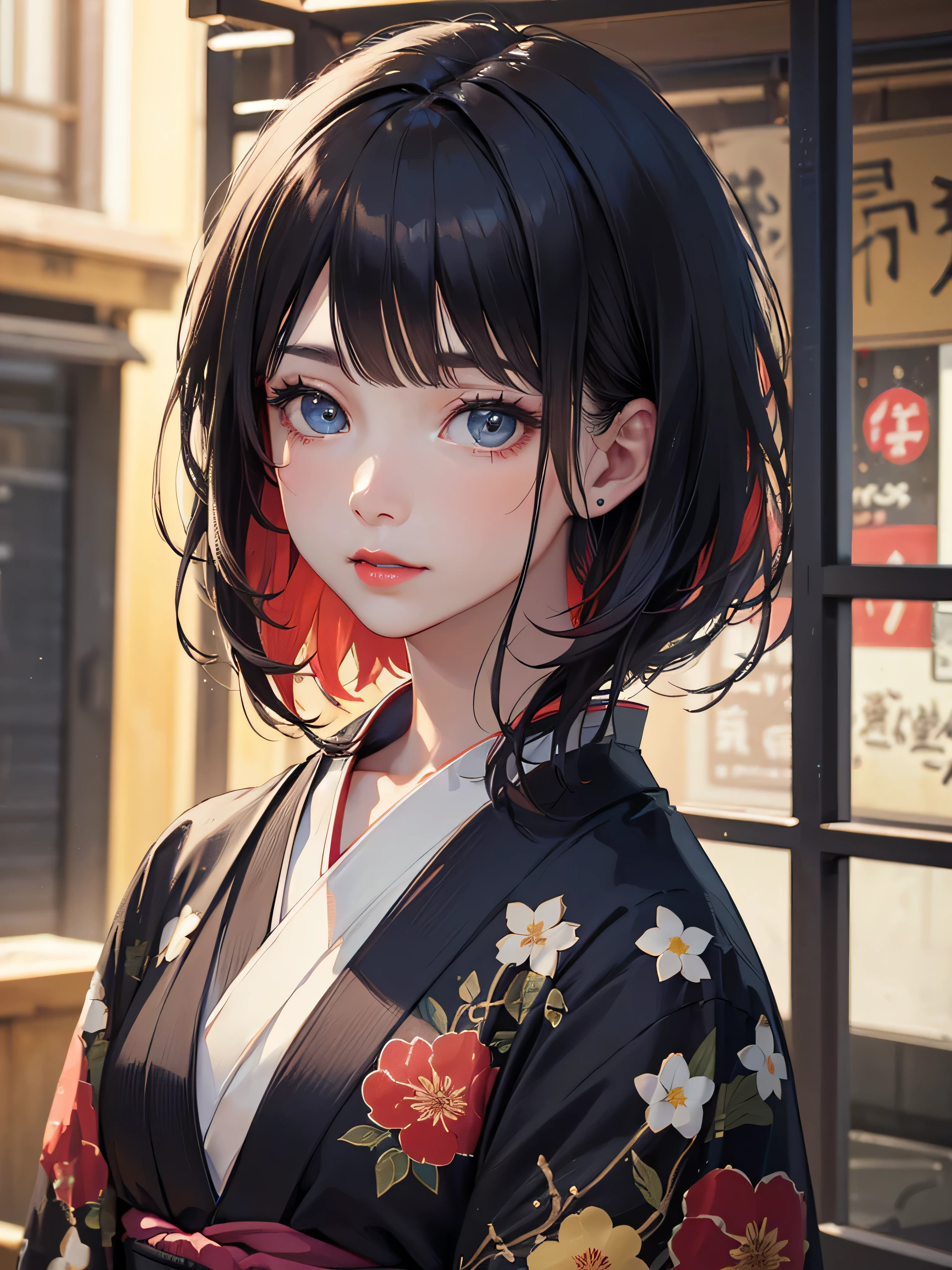(black kimono:1.2)、(Komono:1.2)、(Floral)、 (long sleeve)、1 girl、Full body Esbian、(short red hair)、(realistic:1.7)、((best image quality))、absurd、(超A high resolution)、(Photoreal:1.6)、Photoreal、octane rendering、(超realistic:1.2)、(realistic face:1.2)、(8K)、(4k)、(masterpiece)、(realistic skin texture)、(enlightenment、movie lighting、wallpaper)、(beautiful eyes:1.2)、((((perfect face))))、(cute)、(Are standing)、red lips、outside the house、(Japanese Style Country)、詳細なcute顔、realisticcute女性