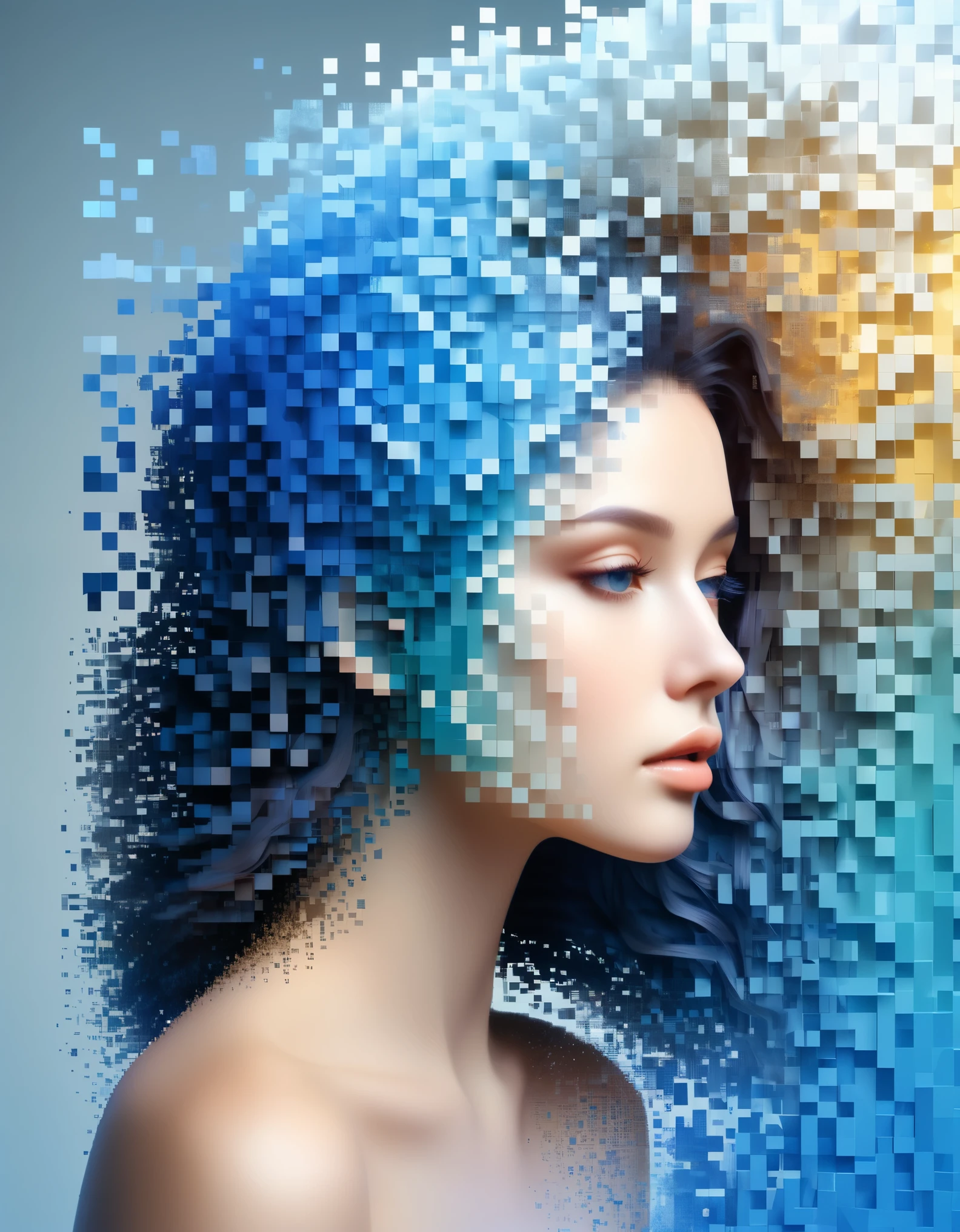 (best quality,4k,8k,highres,masterpiece:1.2),ultra-detailed,(realistic,photorealistic,photo-realistic:1.37), pixel art, woman's portrait, extra long hair，beautiful detailed face, vibrant blue gradient, dissolve effect, intact structure gradually decomposing in mid-air, sunlight streaming through partially hollowed-out sections, holographic cosmic space background