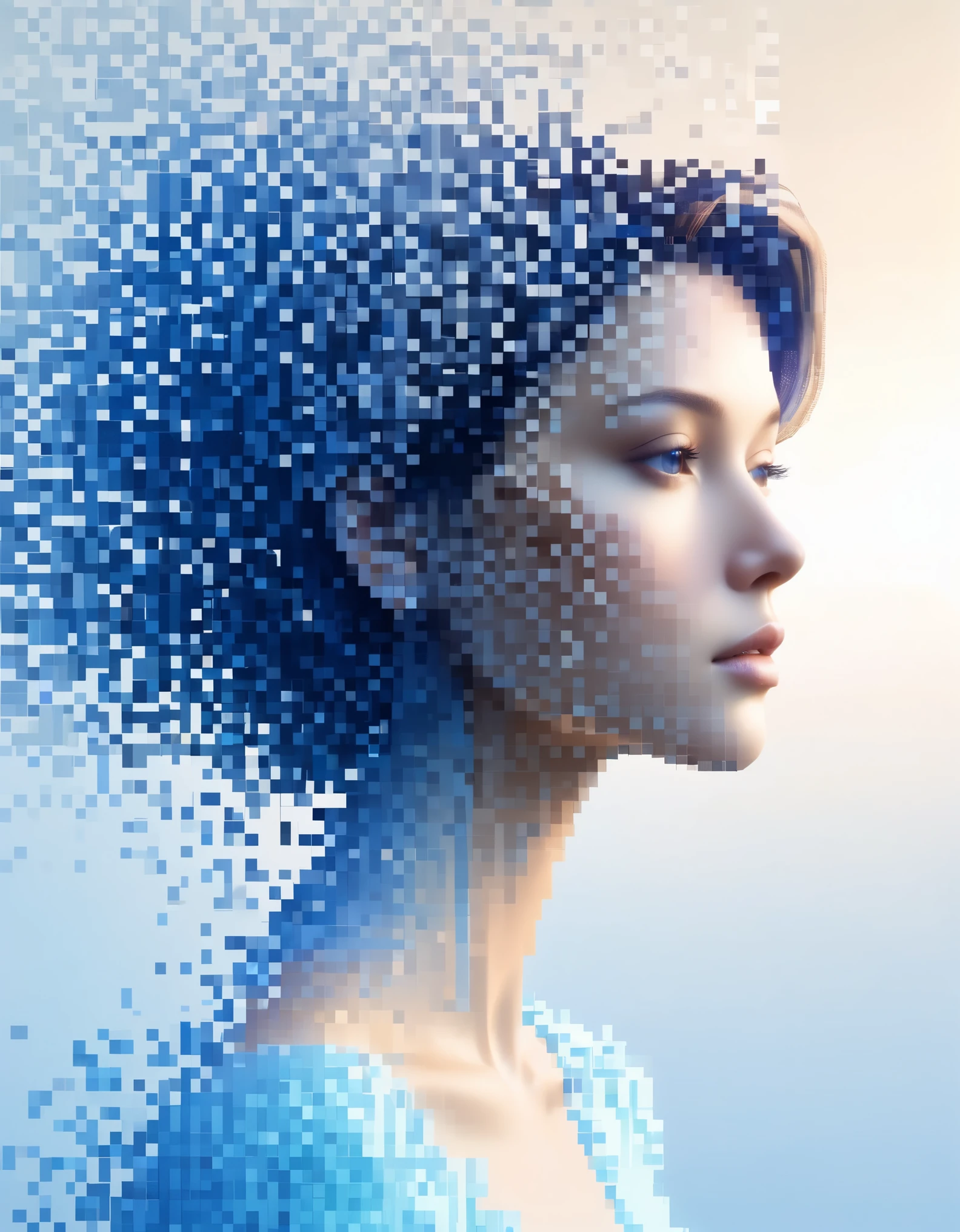 A blue gradient color dissolved pixel wall of a beautiful woman&#39;s head，3D voxel blocks，A structure that starts out intact but gradually disintegrates in the air，Sunlight shines in through the partially hollowed out，background universe