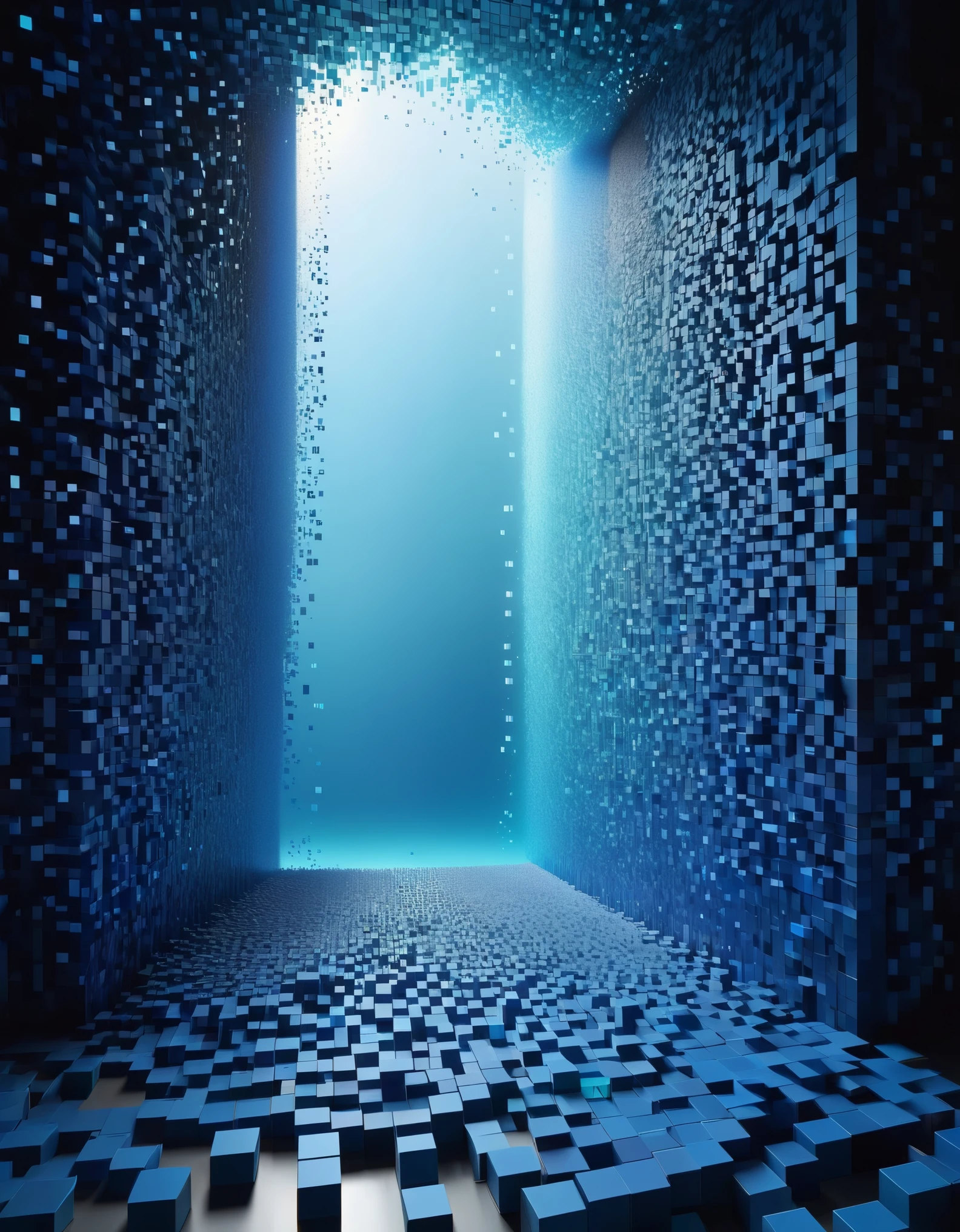 A giant wall of dissolved pixels with blue gradient color，3D voxel blocks，A structure that starts out intact but gradually disintegrates in the air，Sunlight shines in through the partially hollowed out，background universe