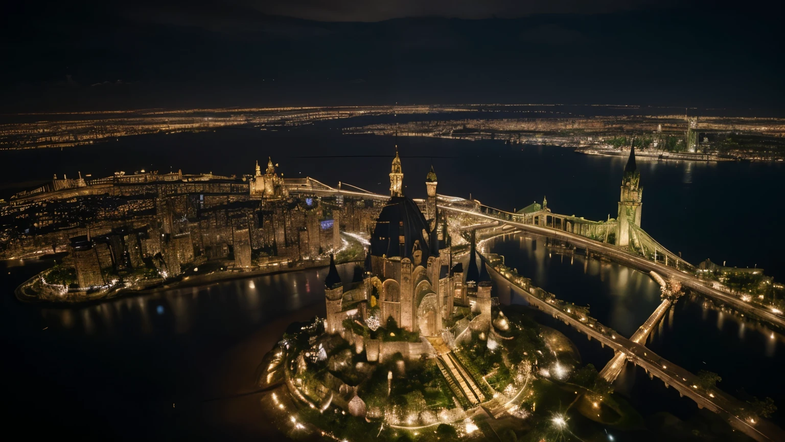 A wide-angle, nighttime, bird's-eye view of Atlantis city with a skyscraper castle, surrounded by a magical aura. The city lights illuminate the entire scene, highlighting the intricate details of the skyscrapers and the enchanting architecture. The atmosphere is filled with a lush greenery, with trees and plants thriving in every corner. The colors are vibrant and vivid, creating a visually stunning masterpiece. The lighting is dramatic, casting shadows and emphasizing the depth and dimension of the cityscape.