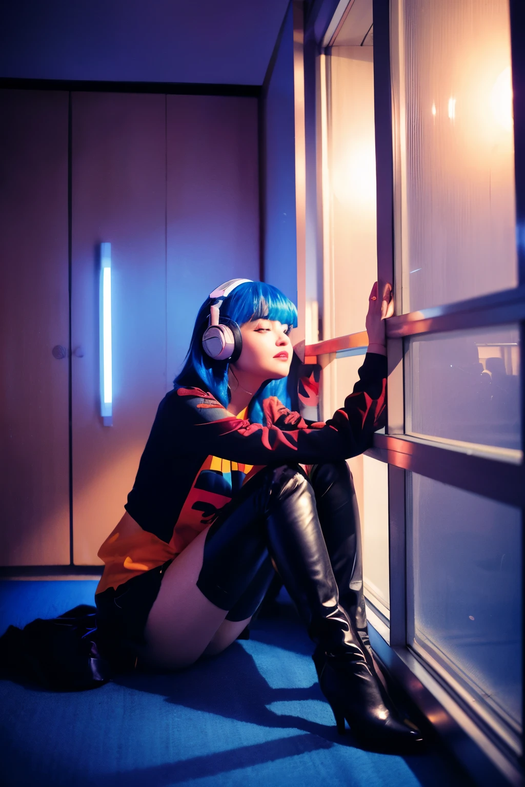 Lo-fi animation in the style of city pop; a room on a high floor with full-length windows that evokes the lifestyle of the 80s. Night. Twinkling lights, LED lighting. A blue-haired, long-limbed girl with headphones leans against a wall. She is facing sideways. She's wearing multicolored, high-brand clothes. Black boots.

