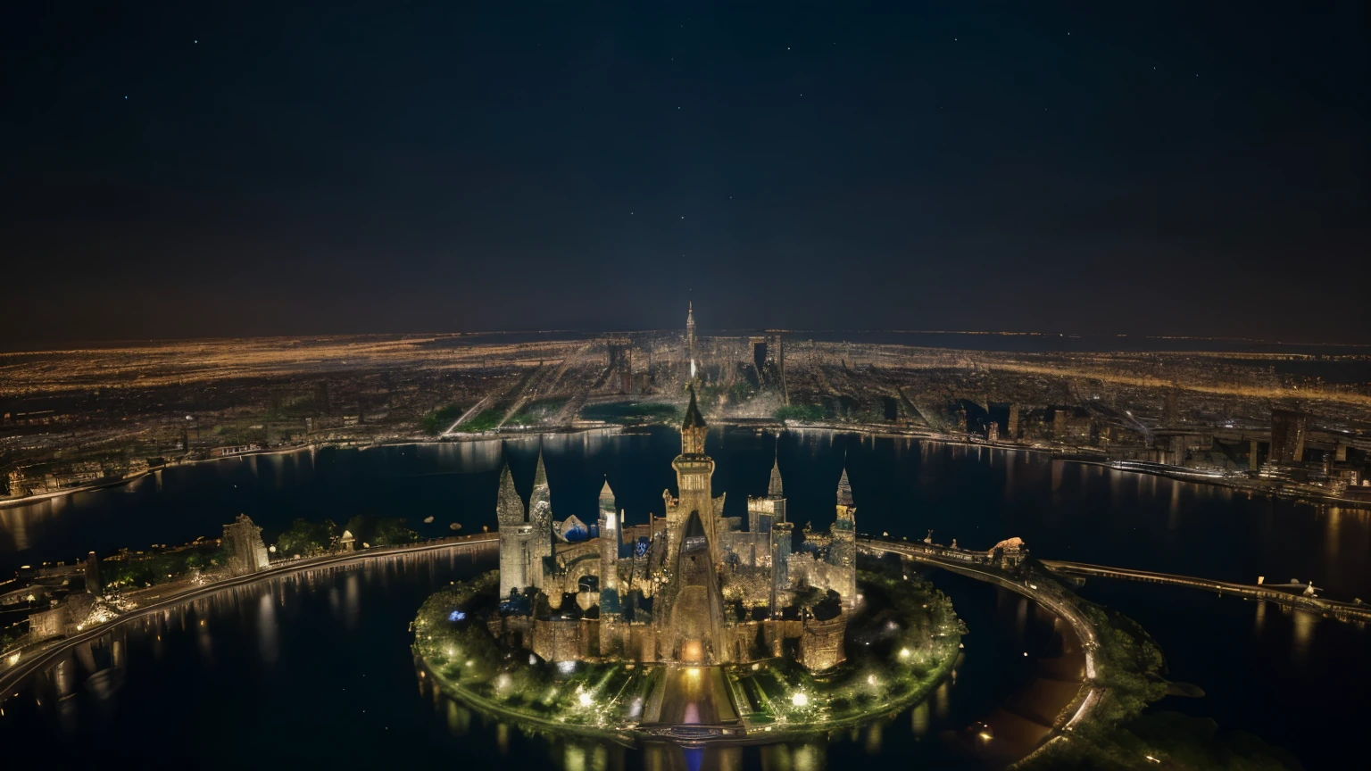 A wide-angle, nighttime, bird's-eye view of Atlantis city with a skyscraper castle, surrounded by a magical aura. The city lights illuminate the entire scene, highlighting the intricate details of the skyscrapers and the enchanting architecture. The atmosphere is filled with a lush greenery, with trees and plants thriving in every corner. The colors are vibrant and vivid, creating a visually stunning masterpiece. The lighting is dramatic, casting shadows and emphasizing the depth and dimension of the cityscape.
