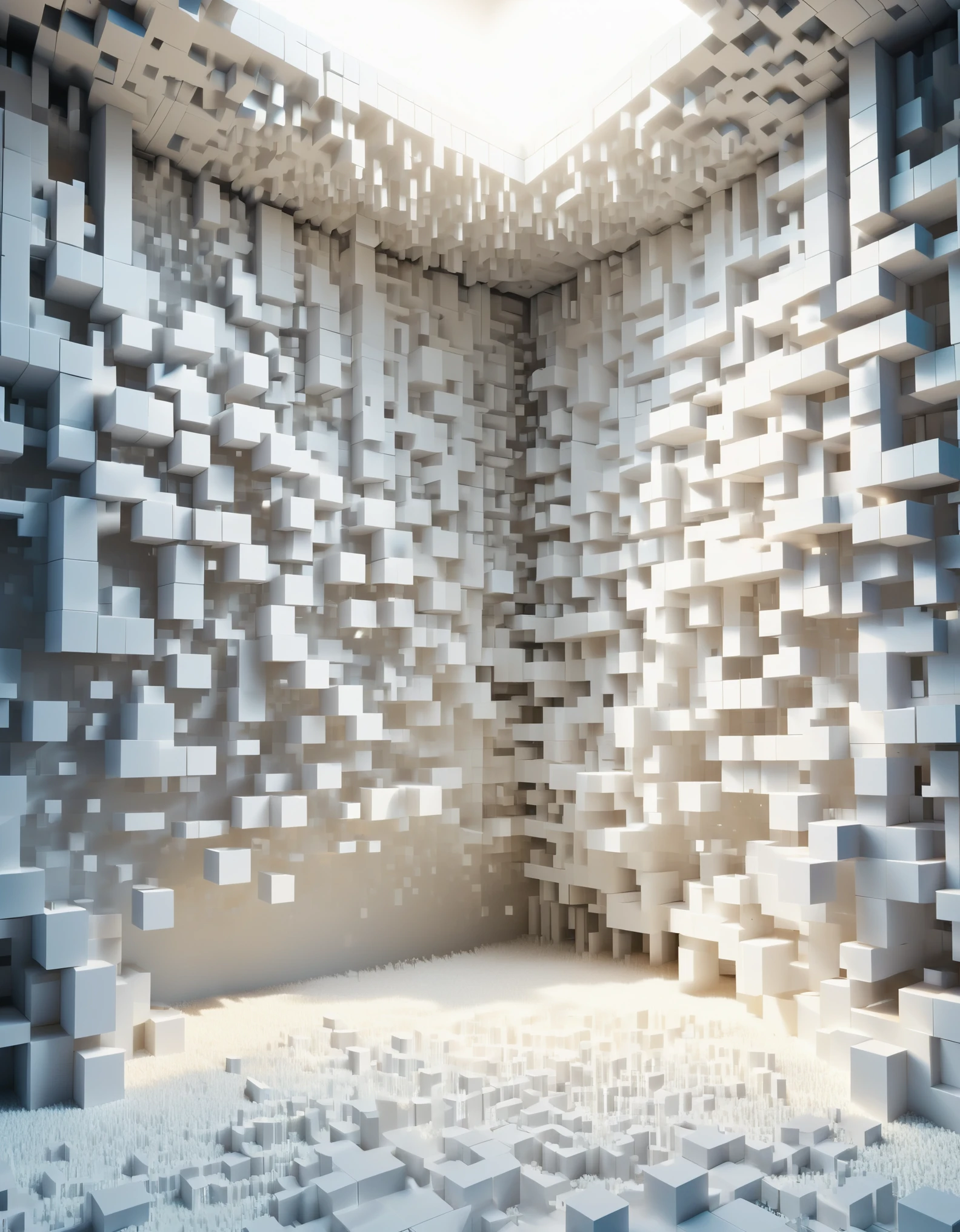 A wall of white dissolved pixels，3D voxel blocks，Sunlight spills into the room through partially hollowed out，A structure that starts out intact but gradually disintegrates in the air