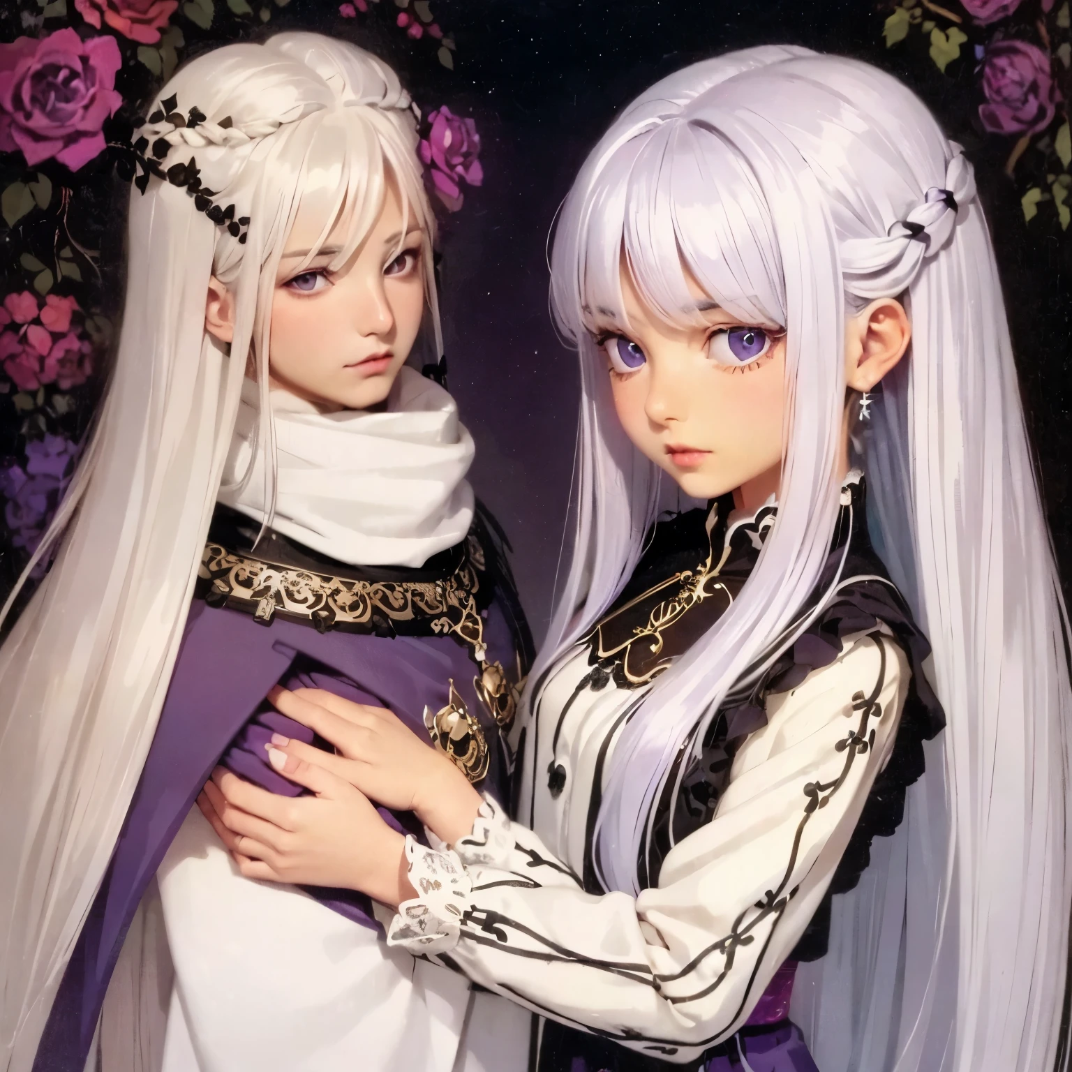 A young man with long, white hair and enchanting purple eyes. He looks both feminine and masculine. He has fair skin, soft features and plump red lips. 