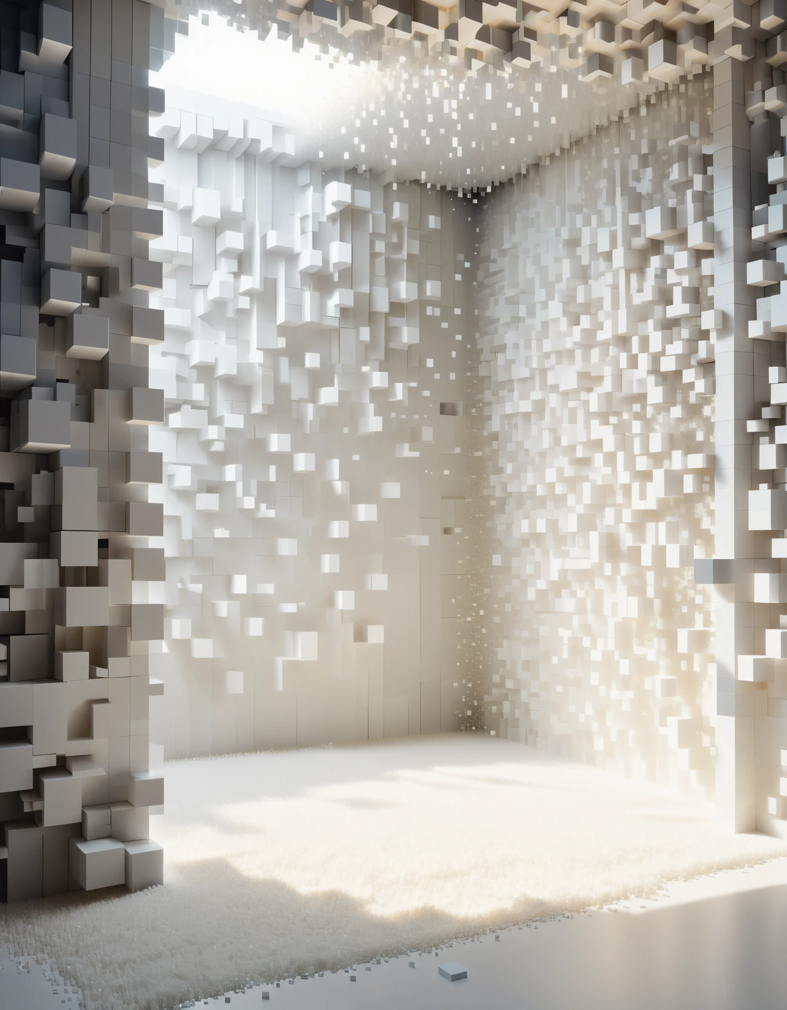A wall of white dissolved pixels,3D voxel blocks,Sunlight spills into the room through partially hollowed out,A structure that starts out intact but gradually disintegrates in the air
