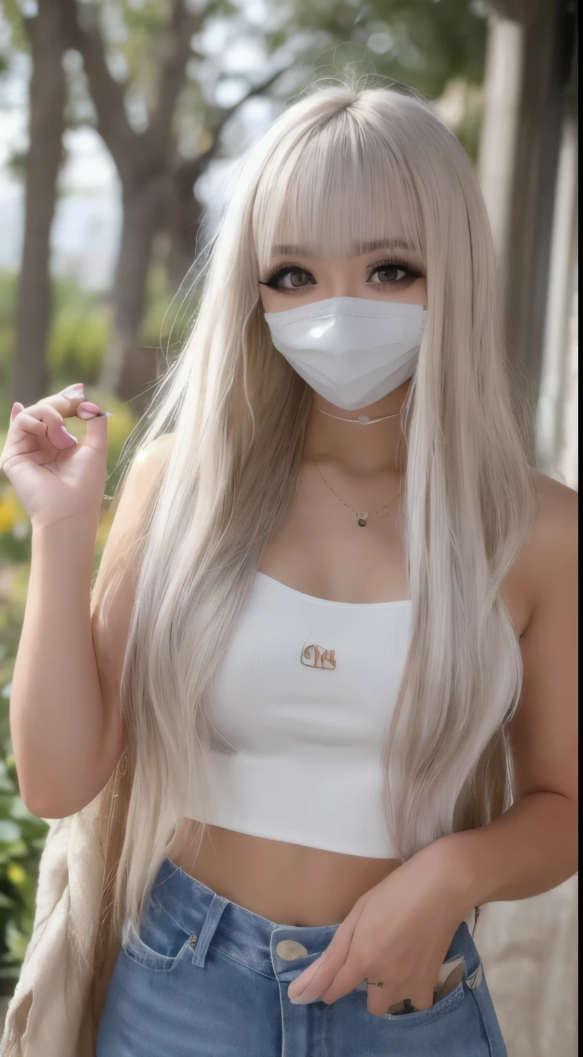 (smile 1.6)、RAW photo、(((extreme beauty portrait)))、((tanned skin))、1 girl、Beautiful Japanese 18 year old girl、bright look、((platinum blonde hair))、Glossy and glossy skin、Silky long straight hair、eyeliner、beautiful bangs、hair between eyeasterpiece、最high quality、super detailed、film light、intricate details、High resolution、very detailed))、detailed background、8KUHD、Digital single-lens reflex camera、soft light、high quality、film grain、Fujifilm XT3 、shallow depth of field、natural soft light、(I don't have any hands)、look at the camera、medium breasts、off shoulder tops、denim shorts、navel piercing、mouth mask、garden