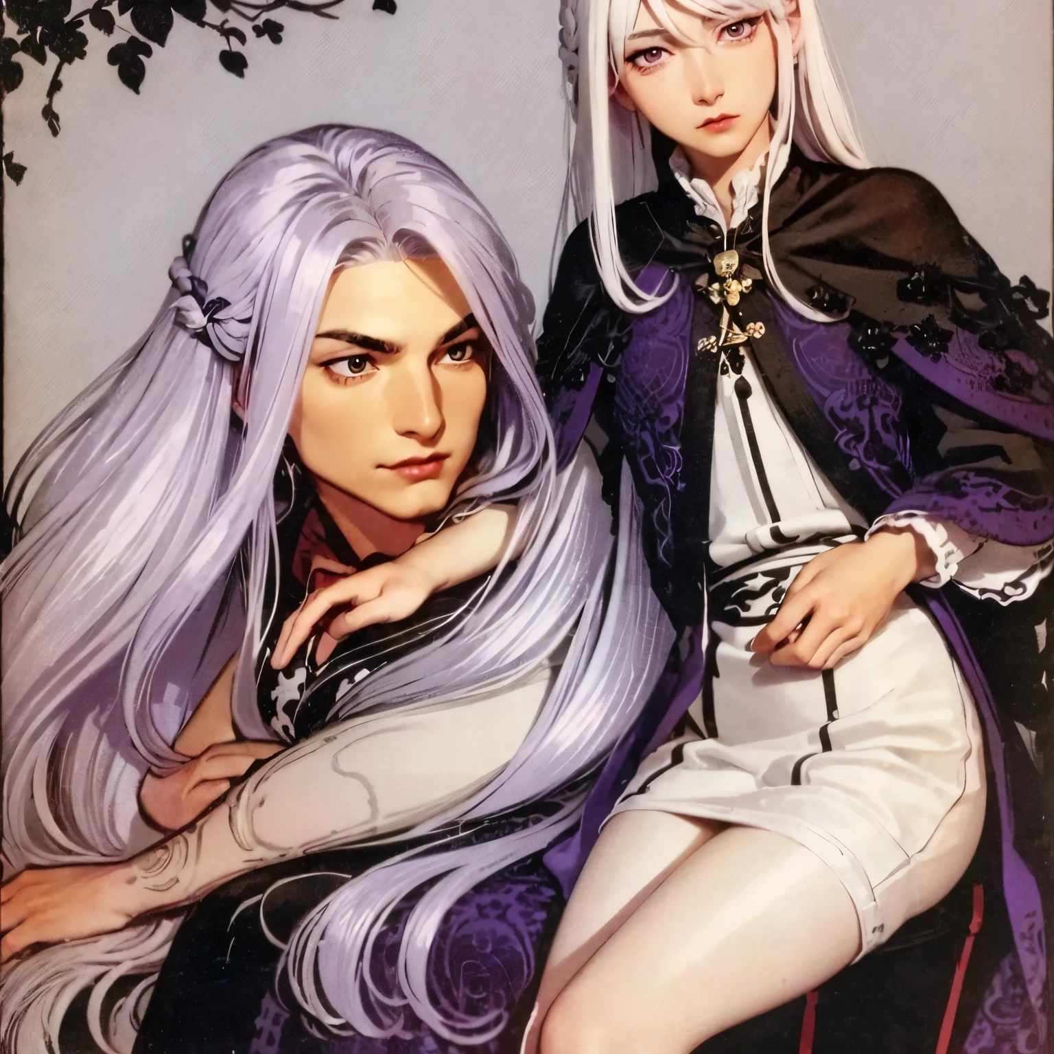A young man with long, white hair and enchanting purple eyes. He looks both feminine and masculine. He has fair skin, soft features and plump red lips. 