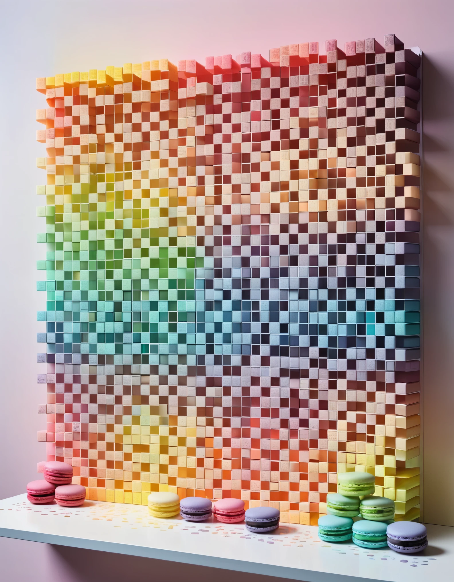 A "dissolving pixel wall",Gradient macaron color system,Partially openworked,A structure that starts out intact but gradually disintegrates in the air