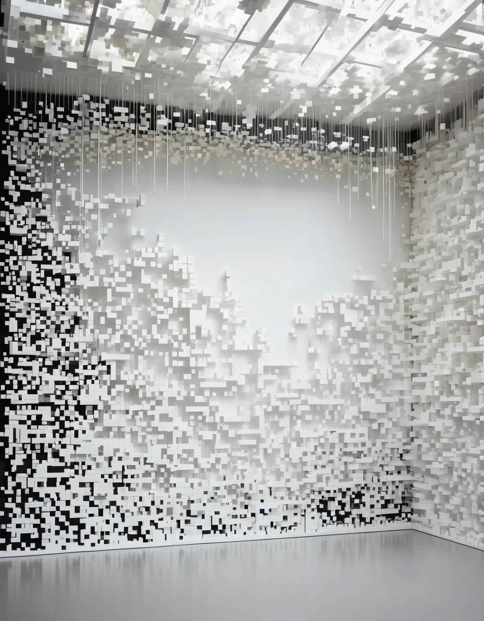A white "dissolved pixel wall",Partially openworked,A structure that starts out intact but gradually disintegrates in the air