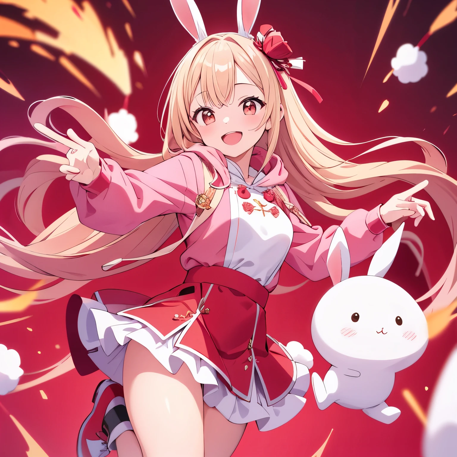 Masterpiece, best quality, high resolution, white bunny ears, blond hair, pink hoodie, red top, red pettiskirt, open mouth, smile,