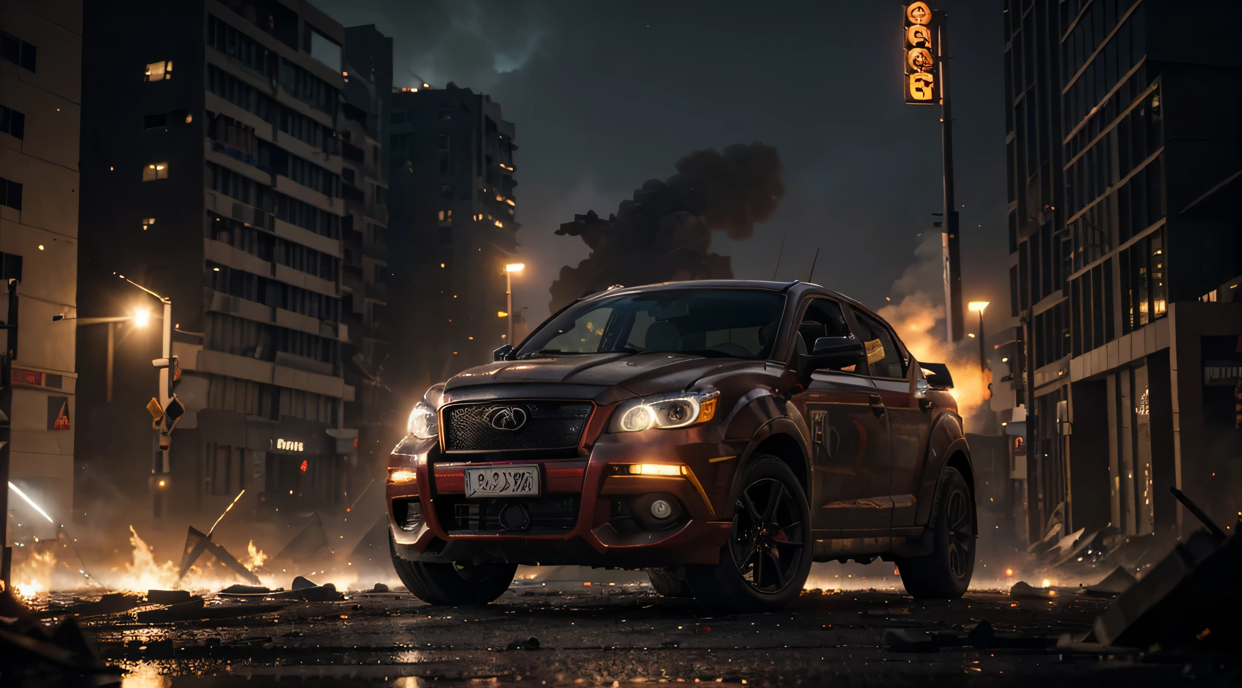 (best quality,4k,8k,highres,masterpiece:1.2),ultra-detailed,physically-based rendering,professional,stunning,vivid colors,bokeh,dynamic lighting,dramatic atmosphere,cityscape,night scene,detailed textures,surreal sky,impressive architecture,urban chaos,reflective surfaces,vehicular motion,action-packed,streets on fire,skyscrapers in flames,crumbling buildings,heavy smoke and haze,molten lava,debris and ruins,rubble and destruction,determined hero,powerful poses,red outfit,symbol of justice,masked vigilante,intense gaze,resolute expression,enhanced senses,fighting stance,dynamic movements,rippling muscles,athletic agility,acrobatic skills,blur effect,sensational action,breathtaking view,immersive experience