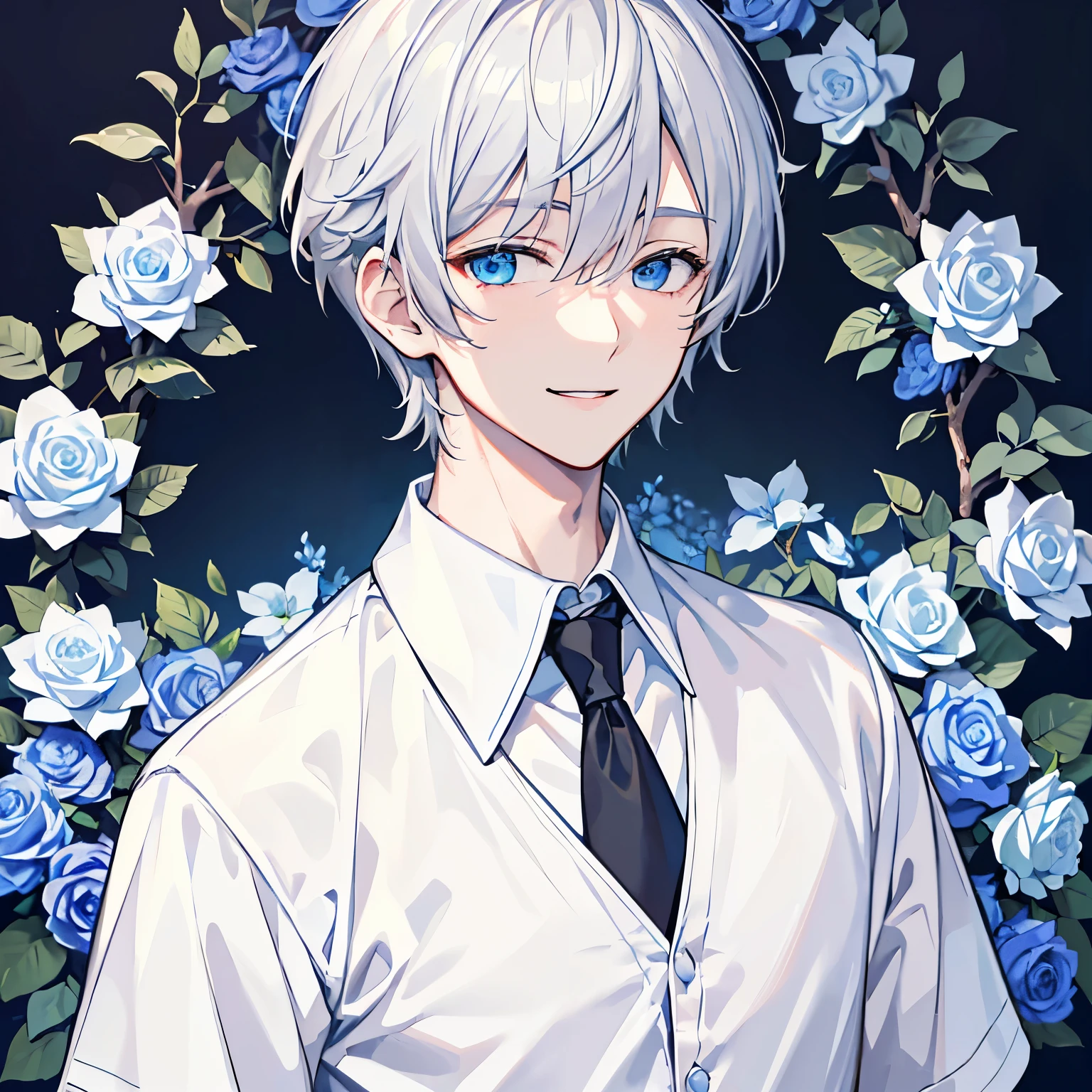 （masterpiece、４K、detailed）Handsome handsome man wearing a white dress shirt、（Light gray hair、Alone、close up of face、Upper body、looking at the camera、light blue eyes、naughty smile）The background is filled with light blue flowers