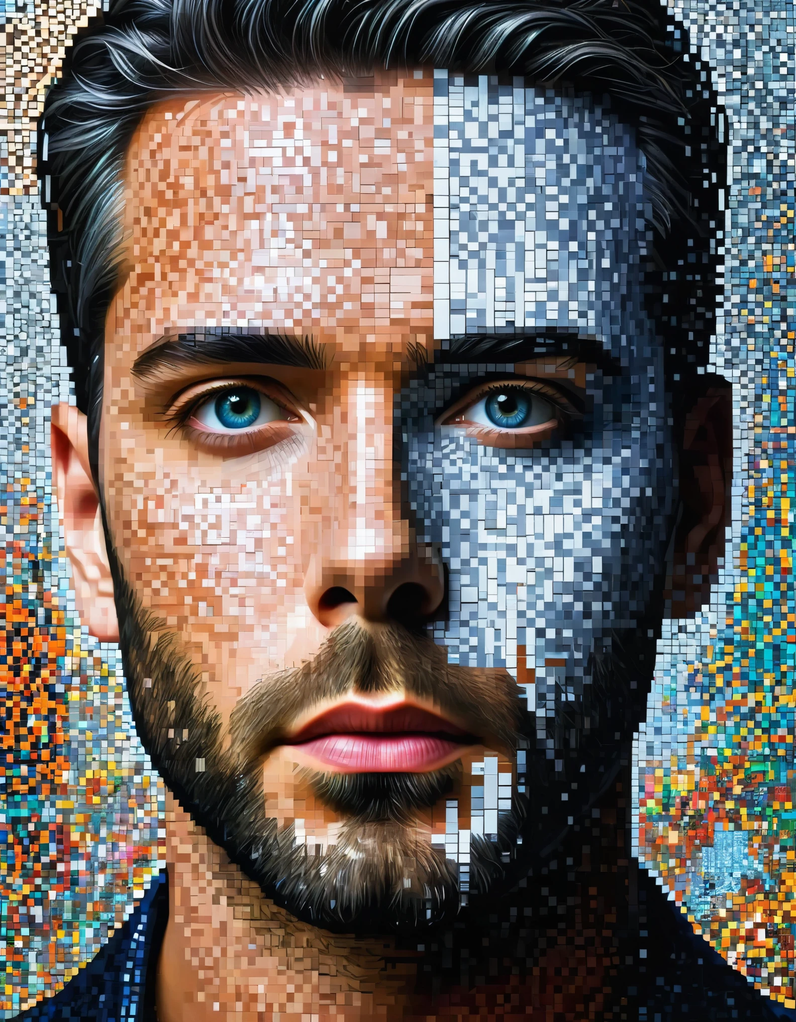 AI man photo mosaic art，pixel art，