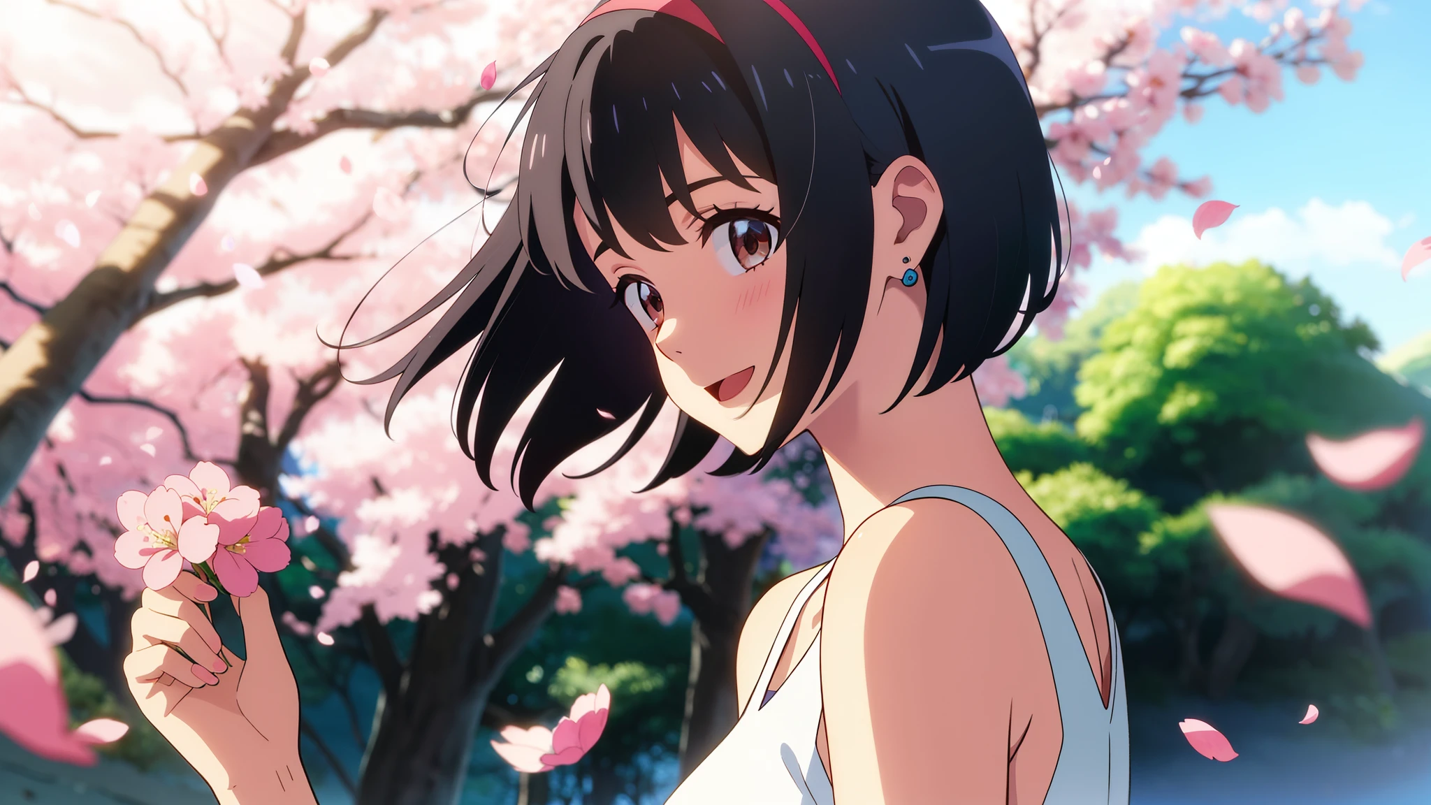 shinkai makoto, kimi no na wa., 1girl, bangs, black hair, blush, round eyes, bright eyes, brown eyes, red headband, red ribbon, short hair, shinny hair, smile, open mouth, :D. cute, beautiful, shiny skin, looking at the viewer, solo, white dress, short sleeves, earrings, blue_sky, sunlight, spring_season, cherry_blossoms, falling_petals, petals, branch, pink_flower, holding_flower, wind, tree