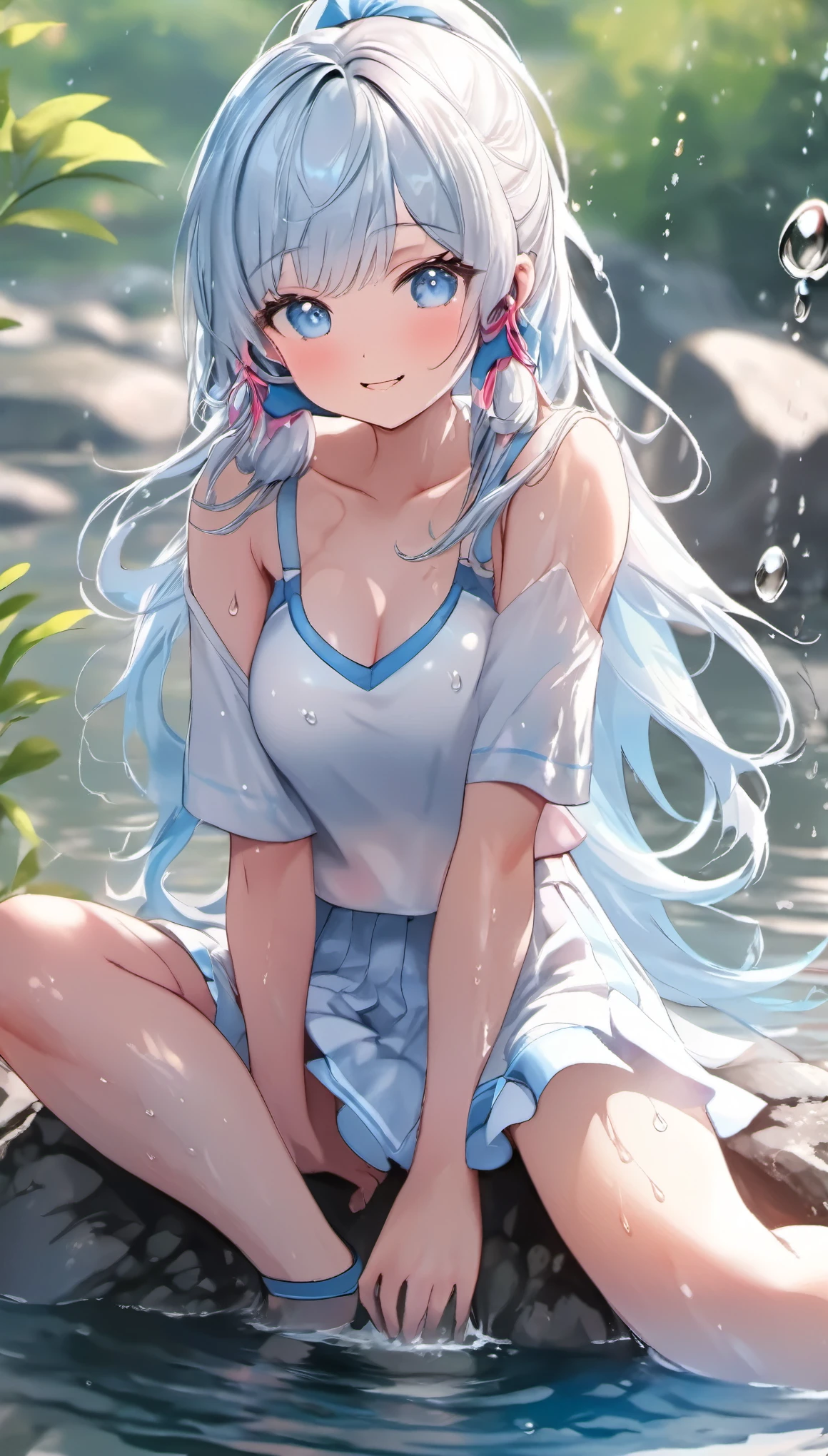 ayaka, Wet, soaking, (Best quality,4K,8K,A high resolution,tmasterpiece:1.2),ultra - detailed,(actual,realistically,realistically:1.37), White hair, huge booolossal title blue eyes, in pink，dampness，Sitting on a rock by the lake，facing at the camera， water dripping, glistning skin，Covered in sweat，There is an unknown  on the body，Happy smile, moderate breast, school uniform 