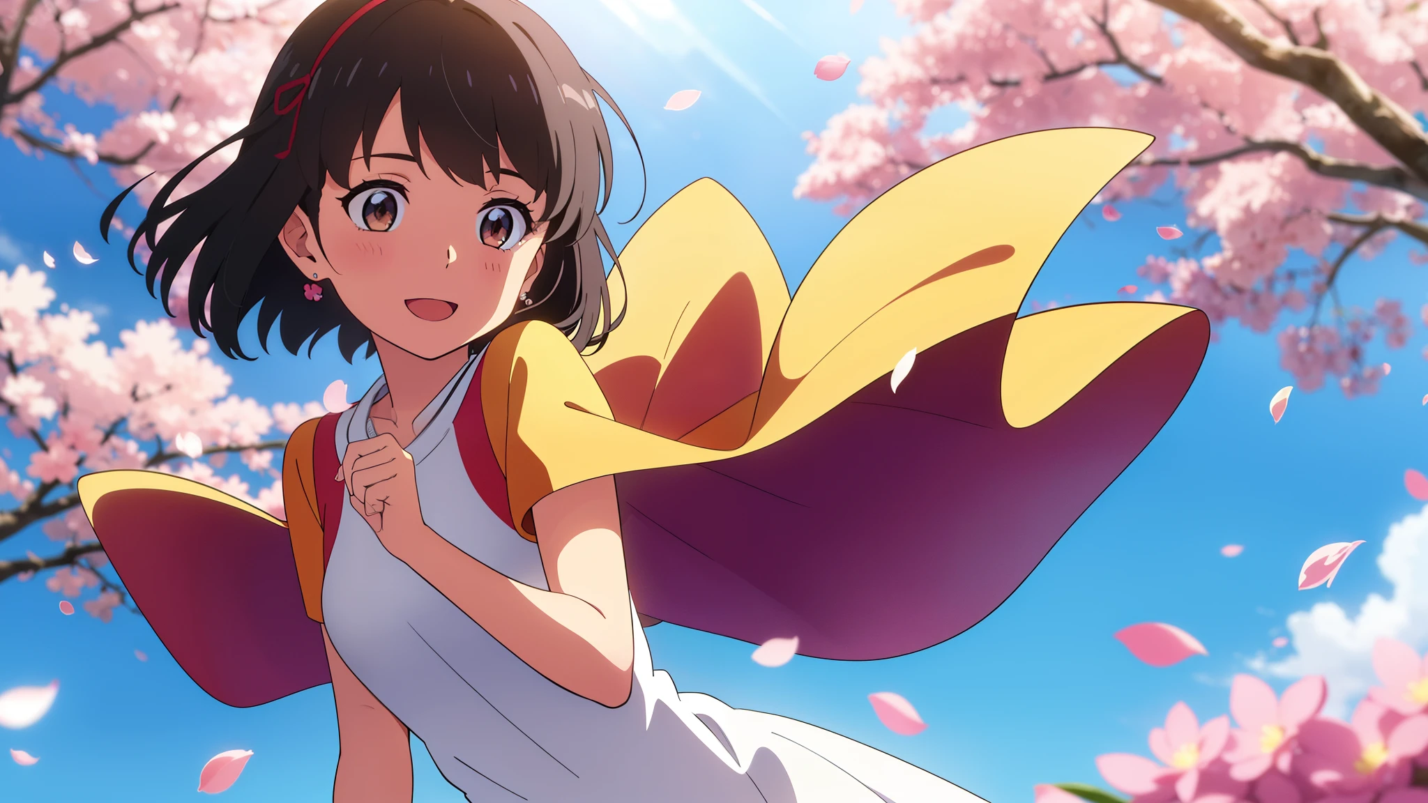 shinkai makoto, kimi no na wa., 1girl, bangs, black hair, blush, round eyes, bright eyes, brown eyes, red headband, red ribbon, short hair, shinny hair, smile, open mouth, :D. cute, beautiful, shiny skin, looking at the viewer, solo, white dress, short sleeves, earrings, blue_sky, sunlight, spring_season, cherry_blossoms, falling_petals, petals, branch, pink_flower, holding_flower, wind, tree