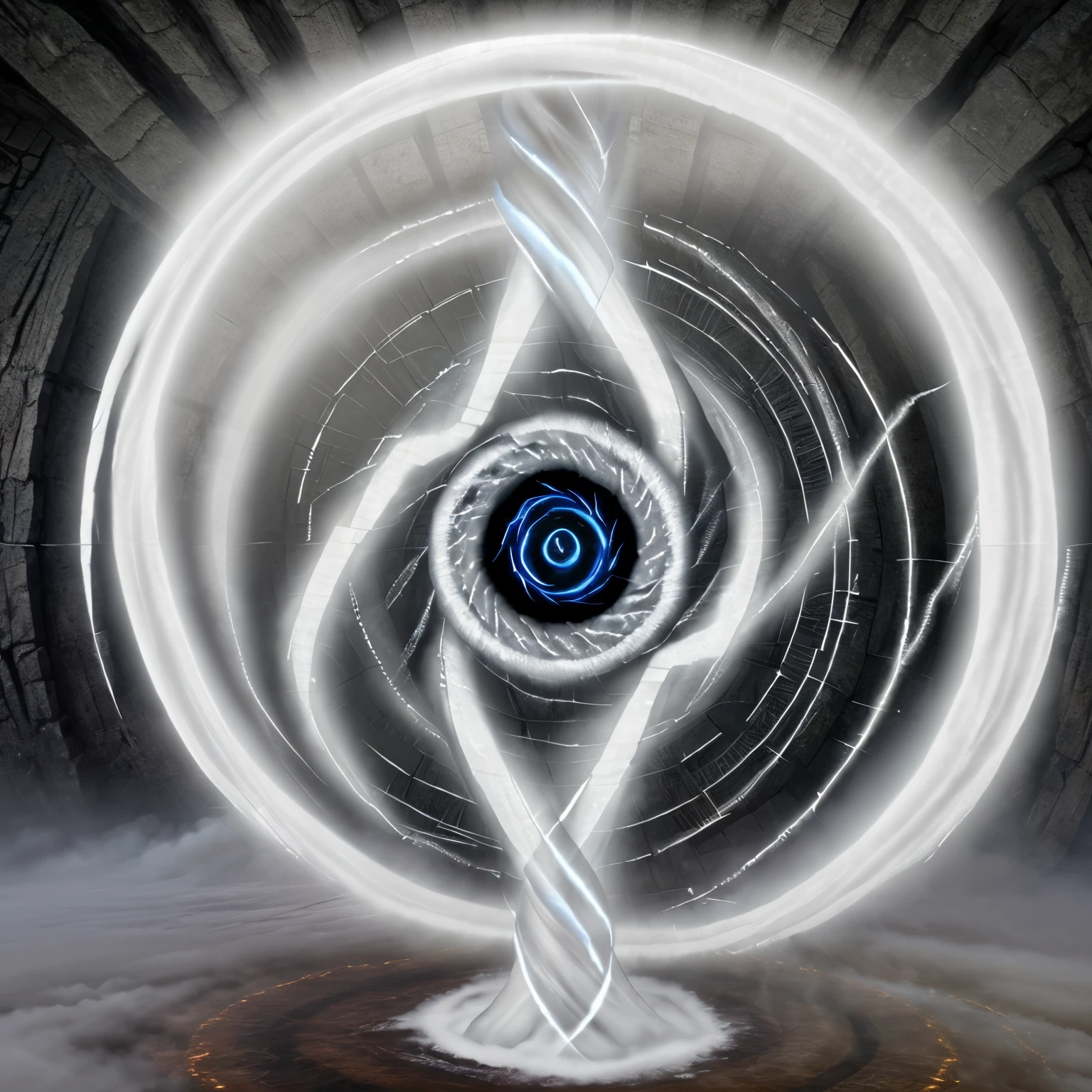 A logo of a white mist vortex over the doorway to middle earth with a coil in the middle
