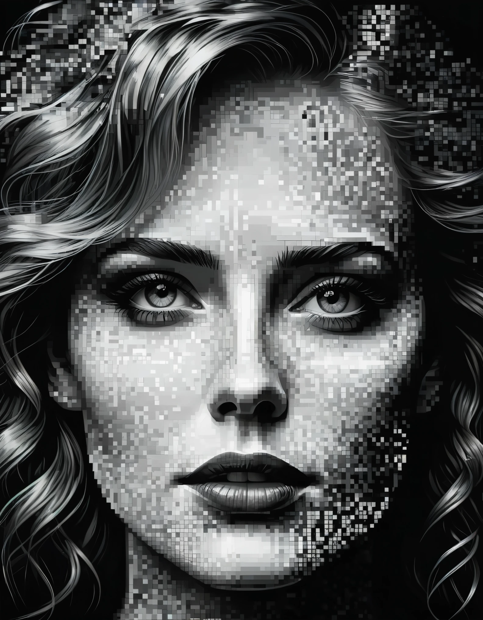 art by a woman whose face is made of pixelated images, in the style of dark black and white, karl kopinski, detailed imagery, pegi nicol macleod, psychological depth in characters, modular, roger deakins