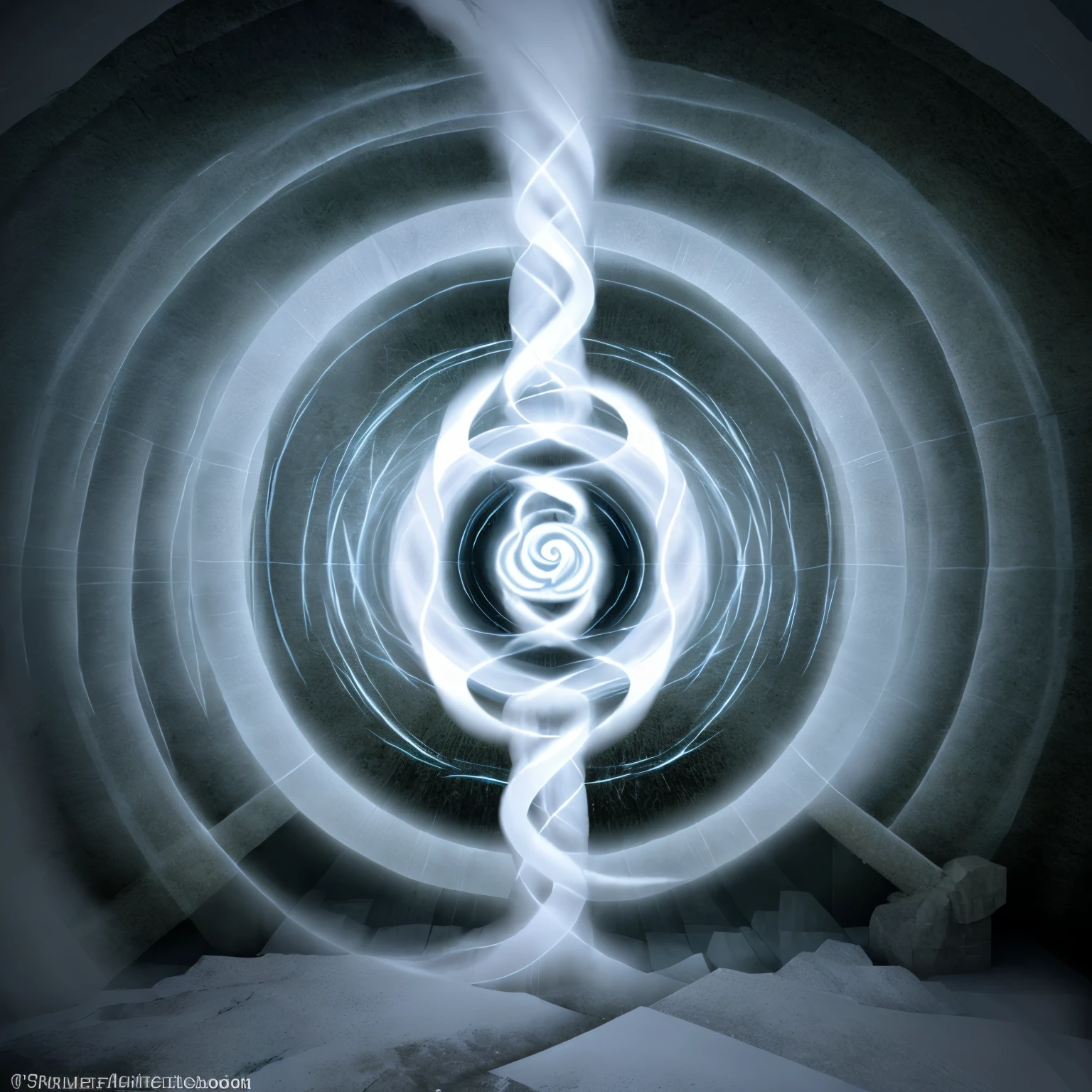 A logo of a white mist vortex over the doorway to middle earth with a coil in the middle