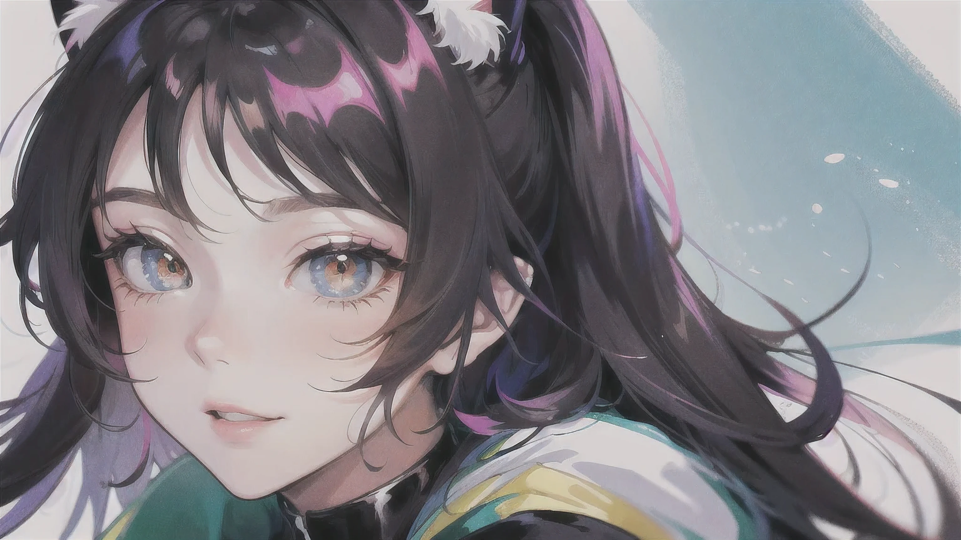 ((masterpiece)),(best quality),(Half body photo),Looking into the distance,(Extremely complex and detailed),(Highest definition),(8K),(clean lines),(perfect facial features),(official art),1,Gorgeous,non-revealing clothes,suit,Uniforms,Jie Kang,High school student,black hair,Have bangs,golden eyes,upright pupils,high ponytail,cat ears headwear,1 girl,alone,Simple background,giggle,