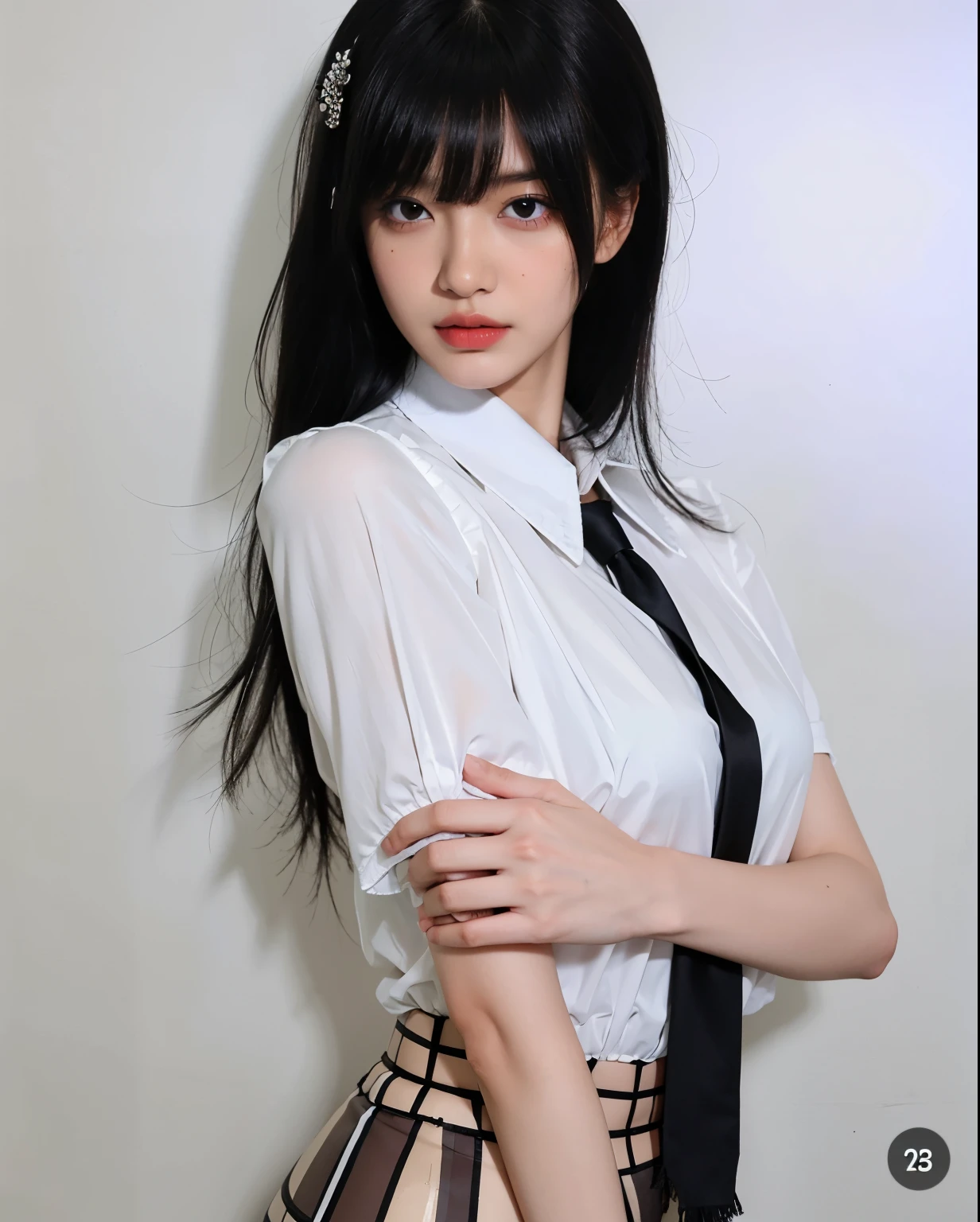 Polaroid black tone low key film, masterpiece, best quality, office lady, heels, dark background,