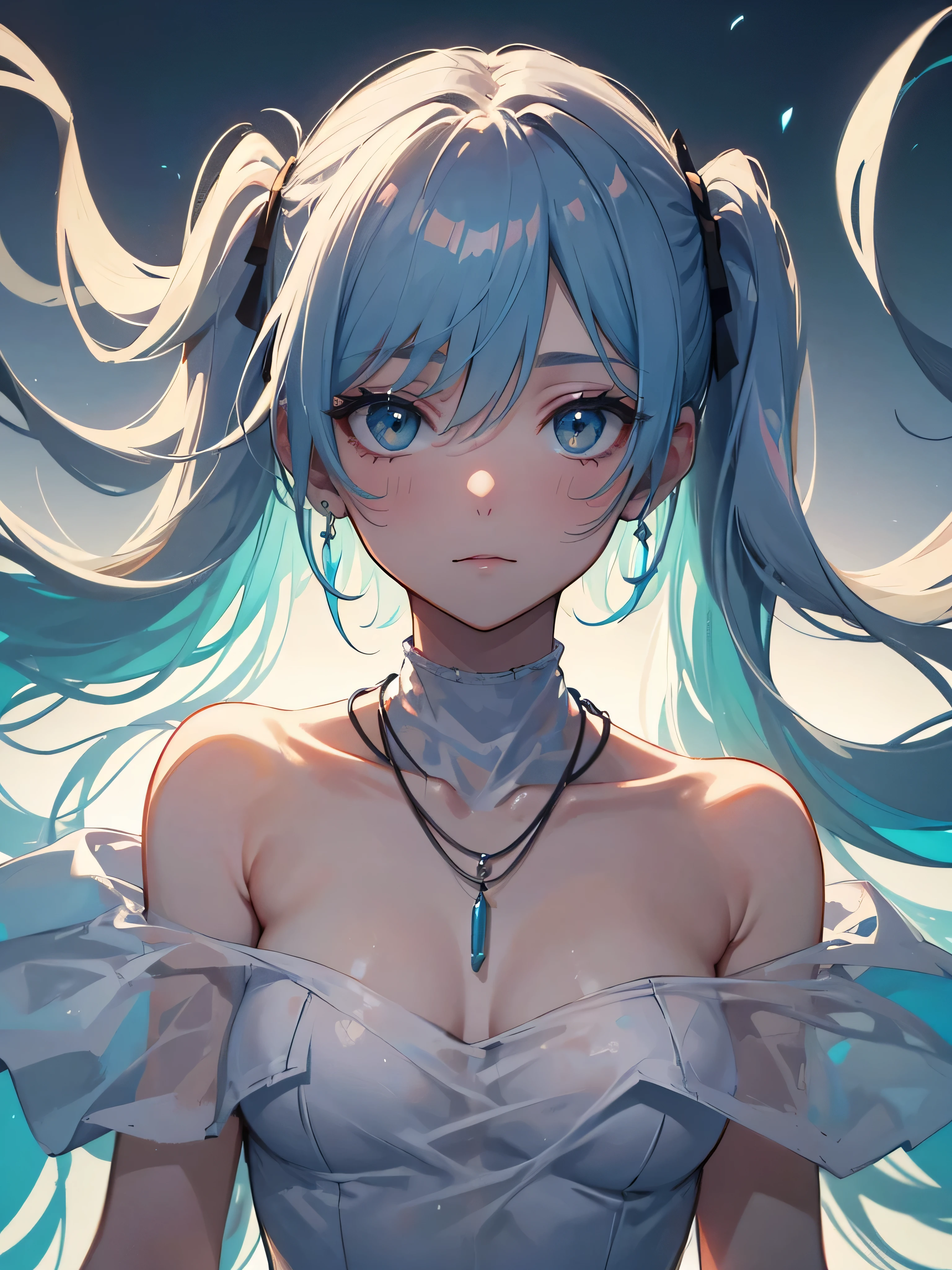 (masterpiece, highest quality:1.2), 8K, 85mm, Raw photo, confused, white and cyan theme, (liquid clothes, liquid dress:1.4), gray hair, gradient dress, delicate girl, Upper body, close your face, shiny skin, teen, looking at the viewer, HDR, sharp focus, particle, dusk sky, shiny skin, small eyes and face, colorful background, simple background、earrings、necklace、clavicle、twin tails、