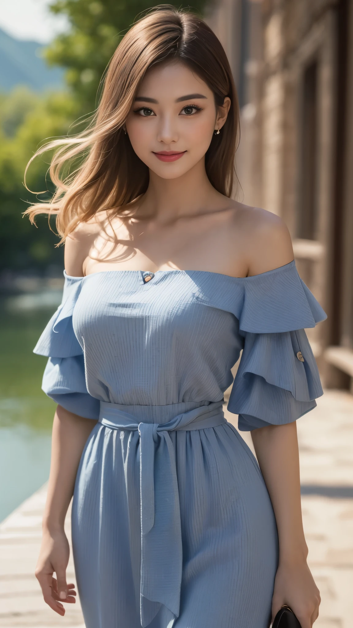 ((best quality, 8 thousand, masterpiece:1.4)), (20세 female), small_face, female, sag_chest, (Beautiful Italian), light smile, cinematic lighting, wide shot, UHD, masterpiece, ccurate, anatomically correct, super detail, textured skin, high details, high quality, best quality, highres, 8k, (nice architectural background), (A walking path with a beautiful river view), She wears a very cute open shoulder blouse dress.,