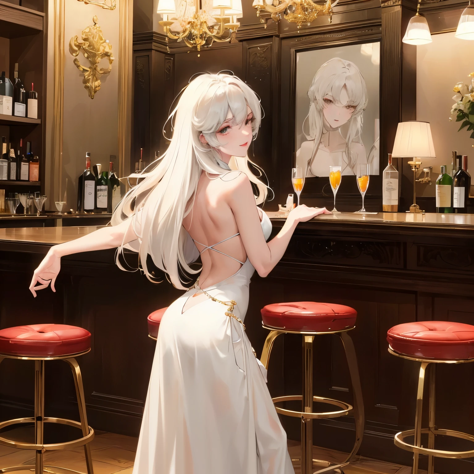 (best quality,4k,8k,highres,masterpiece:1.2),ultra-detailed,realistic,beautiful girl, solo, in a bar, with long white hair, wearing a tight short skirt and a sexy dress, smiling beautifully, captured from behind, scrawny figure, dimly lit ambiance, sophisticated interior design, stylish and trendy, modern bar counter, sleek bar stools, elegant glassware, high-end cocktail menu, lively atmosphere, soft music playing in the background, artfully displayed liquor bottles, bartenders skillfully crafting drinks, polished wooden flooring, warm golden lighting, glamorous partygoers, hints of laughter and conversation, captivating aura, bold and confident posture of the girl, intriguing mystery in her gaze, vibrant and energetic surroundings, a sense of anticipation and excitement in the air, alluring and seductive vibe, creating an unforgettable evening.