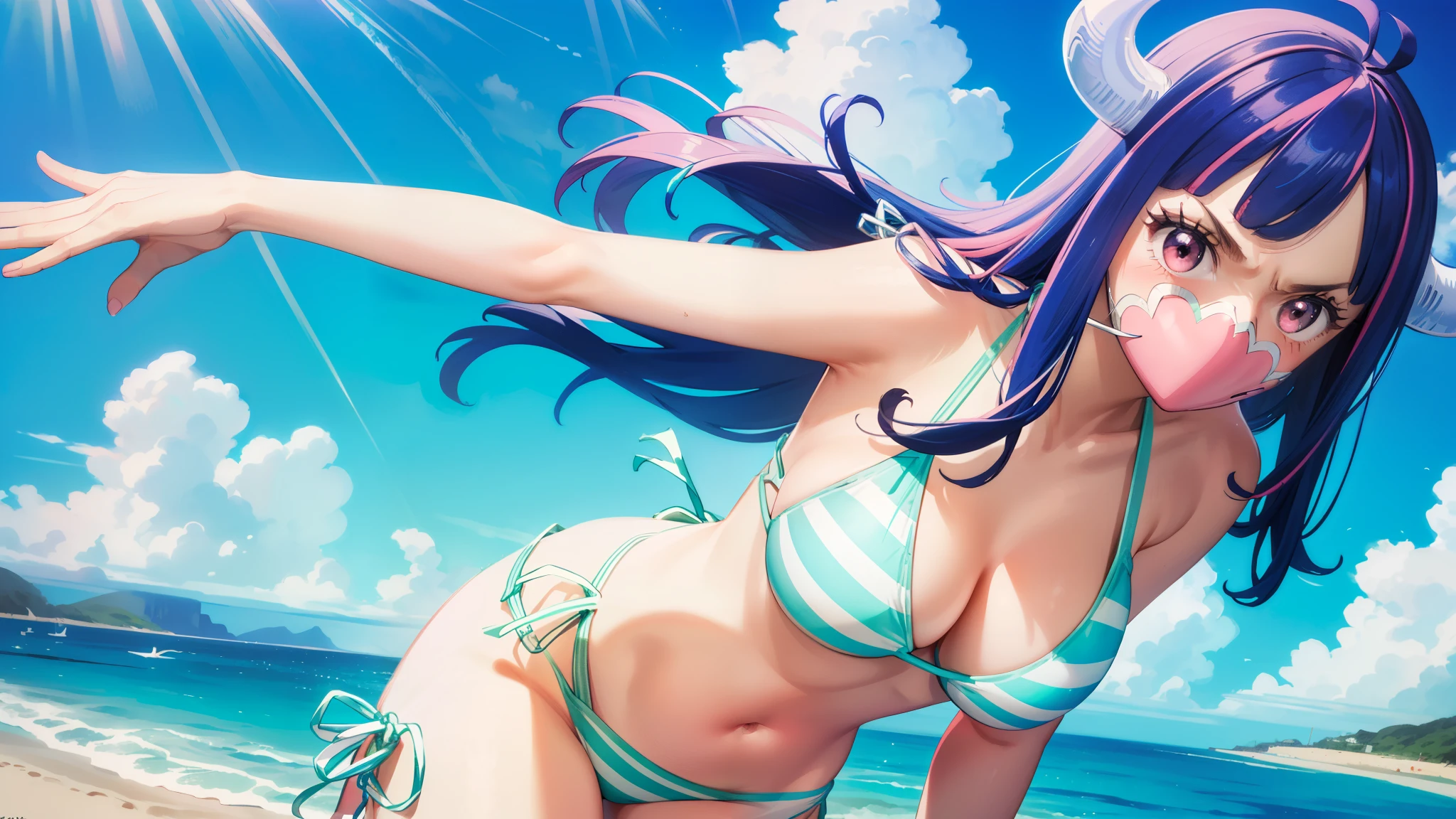 HDR, RAW image, high quality,(masterpiece, 最high quality:1.4), cinematic light, colorful, high contrast, (1 girl), UltiOP, One Piece Anime
((big breasts)), striped hair, colorful hair, long hair, (blue hair:1.3, pink hair:1.3), bangs, (horn:1.1), (pink eyes:1.3), dynamic pose, free pose, stand, extreme close up, smile, blush
(blue and white bikini:1.5), (swimsuit:1.3), (beach:1.3), (coastal:1.3), (cafe by the sea:1.3),