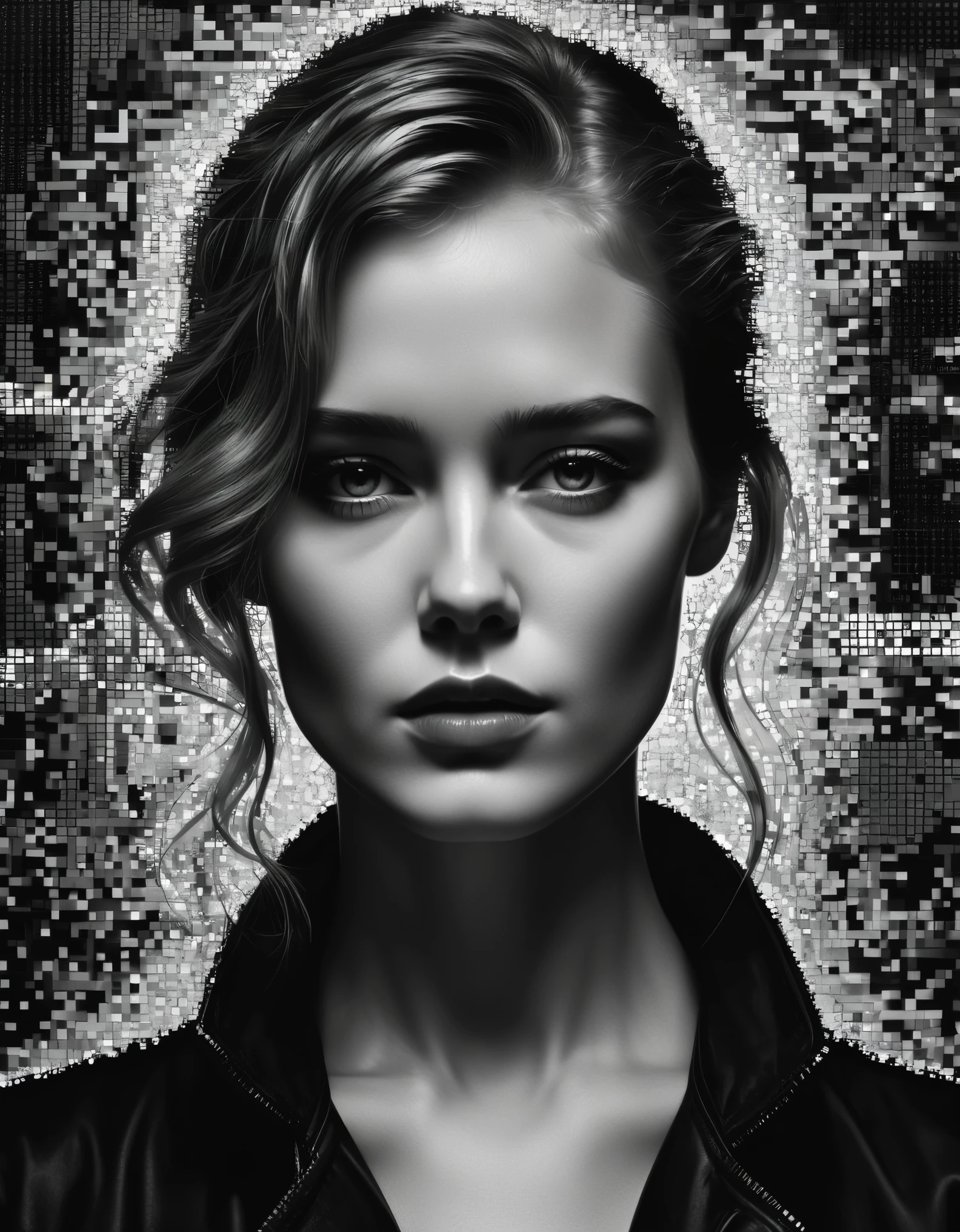 art by a woman whose face is made of pixelated images, in the style of dark black and white, karl kopinski, detailed imagery, pegi nicol macleod, psychological depth in characters, modular, roger deakins