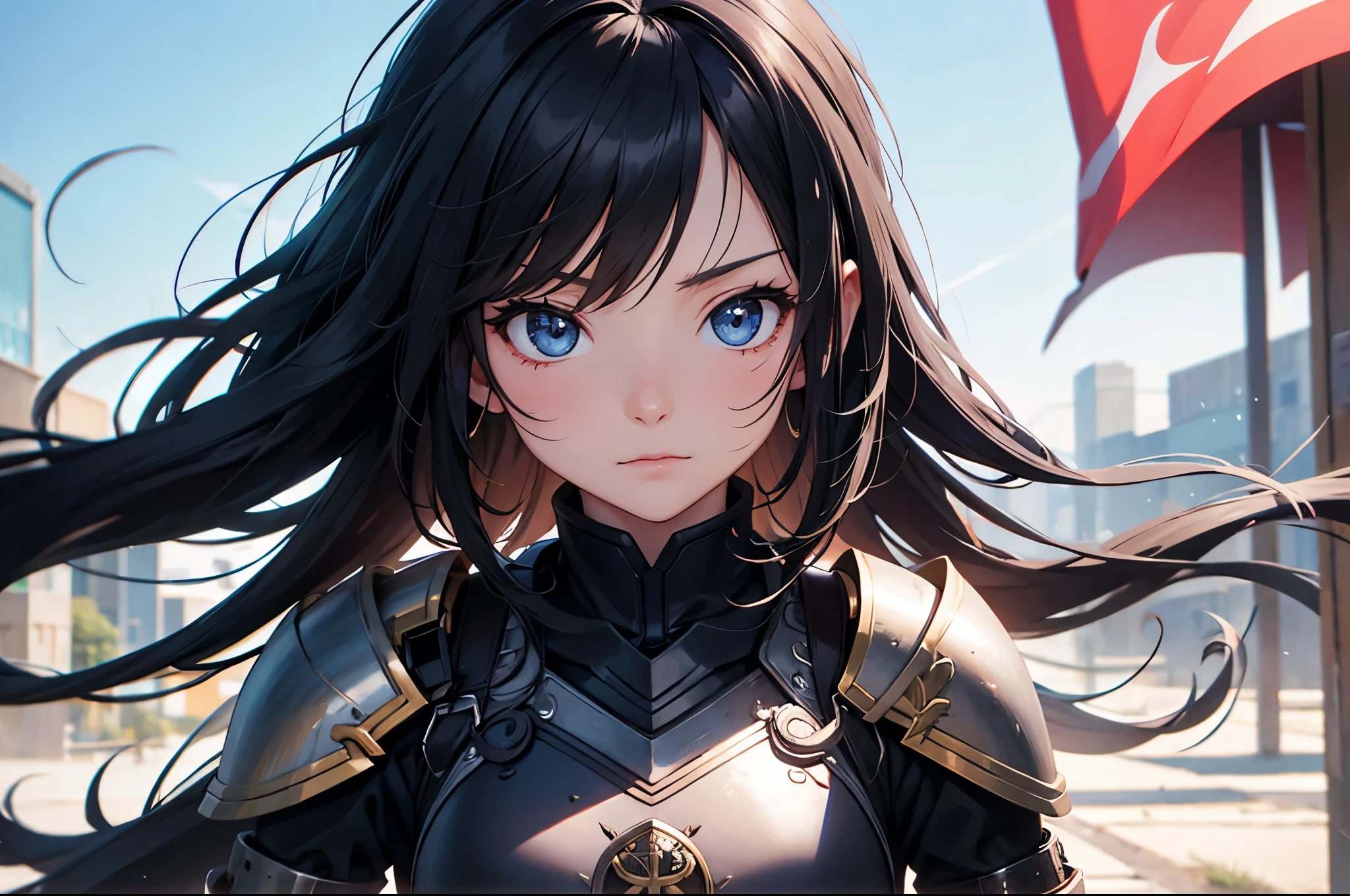 whole body　anime A female warrior with long black hair and wearing black armor. anime style 4K, young anime girl, anime style. 8k, anime lover, lofi girl, an anime girl, anime girl, (anime girl), cute anime girl, anime visual of a cute girl, portrait of an anime girl, anime! 4k, anime! 4K, anime ,from head to foot,