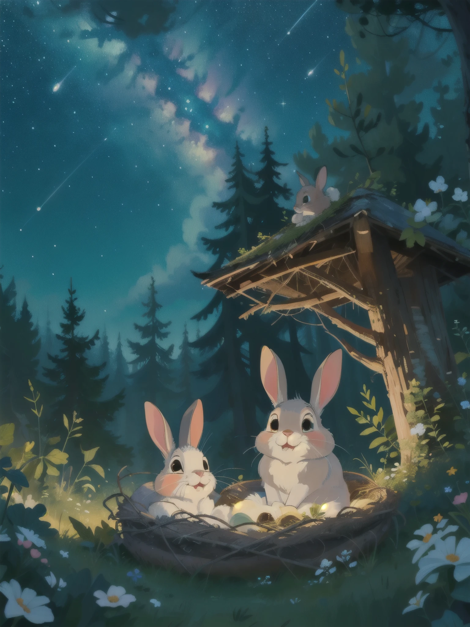 Forest under the starry sky at night，Two rabbits，Rabbit lying in the nest，Rabbit sitting on the edge of the nest，disney style，Cartoon，masterpiece，best quality