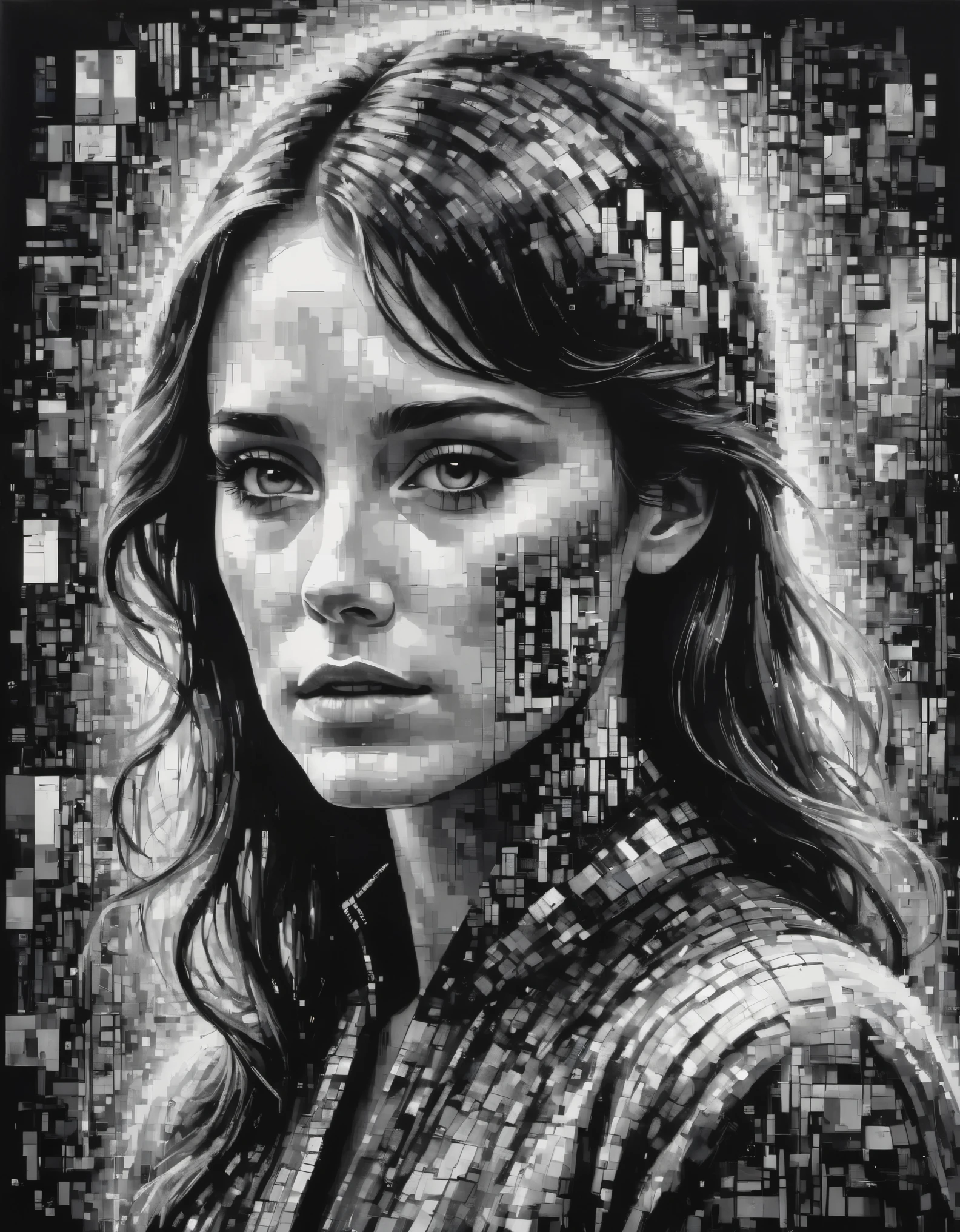 art by a woman whose face is made of pixelated images, in the style of dark black and white, karl kopinski, detailed imagery, pegi nicol macleod, psychological depth in characters, modular, roger deakins