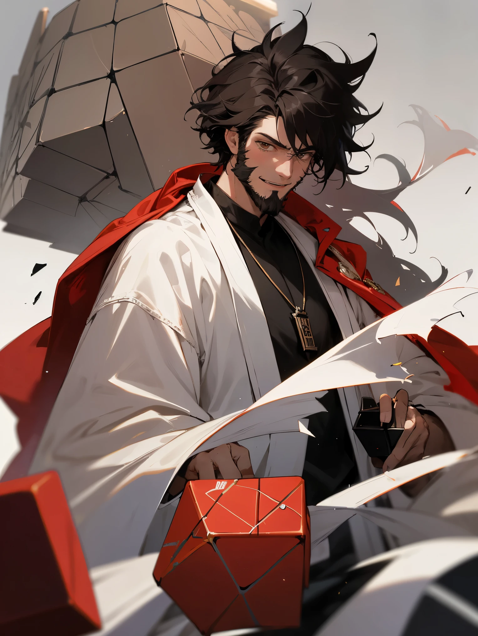 1male , Black Hair , Messy Hair , Red Wizards Cape , Black and White Rubiks Cube Necklace , White Robes , Fitted Clothing , Library Background , Happy Expression , Adult Male , Beard Stubble