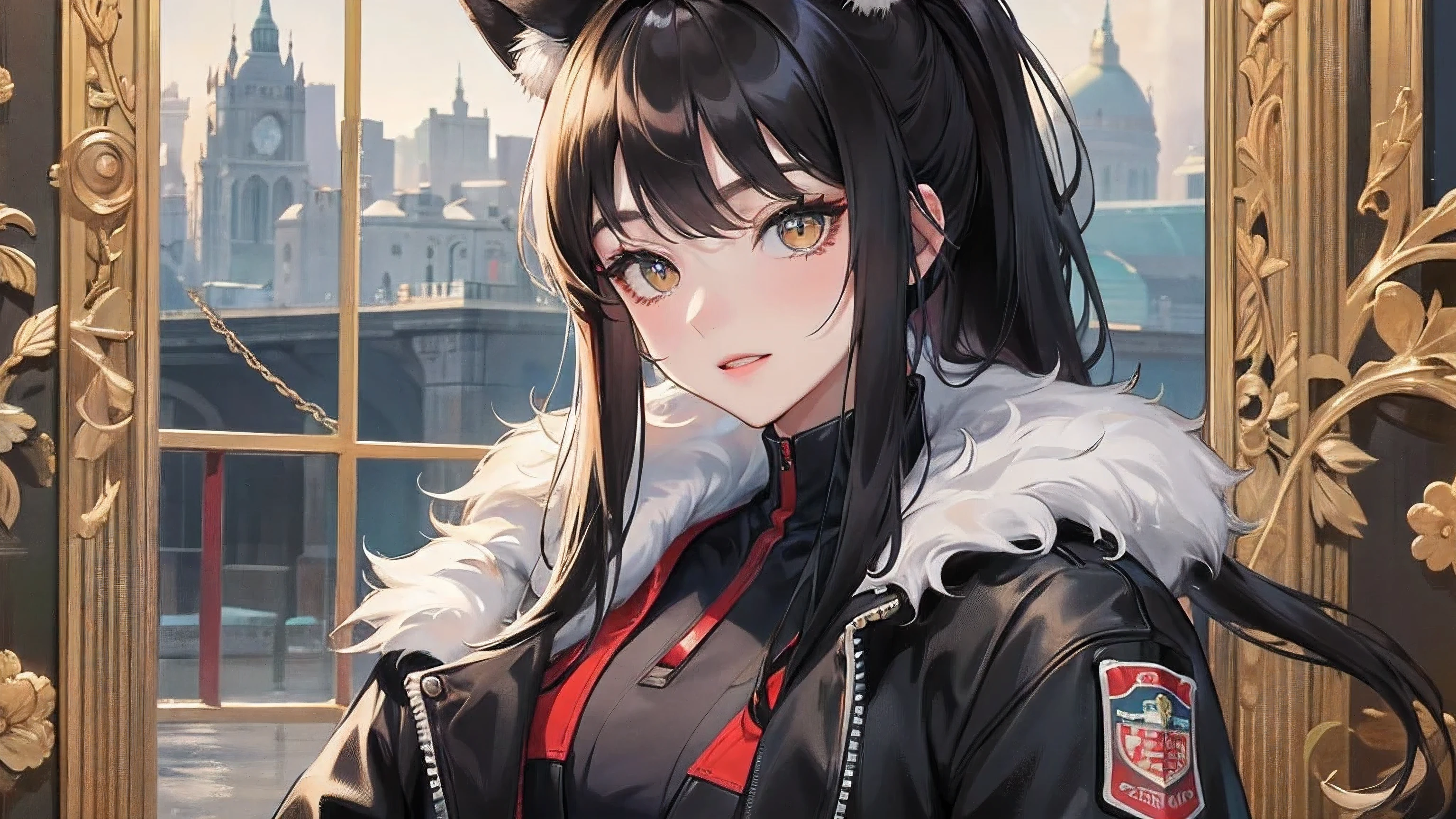 ((masterpiece)),(best quality),(Half body photo),Looking into the distance,(Extremely complex and detailed),(Highest definition),(8K),(clean lines),(perfect facial features),(official art),1,Gorgeous,non-revealing clothes,jacket,High school student,black hair,Have bangs,golden eyes,upright pupils,high ponytail,cat ears headwear,1 girl,alone,Simple background,giggle,hands in pockets,