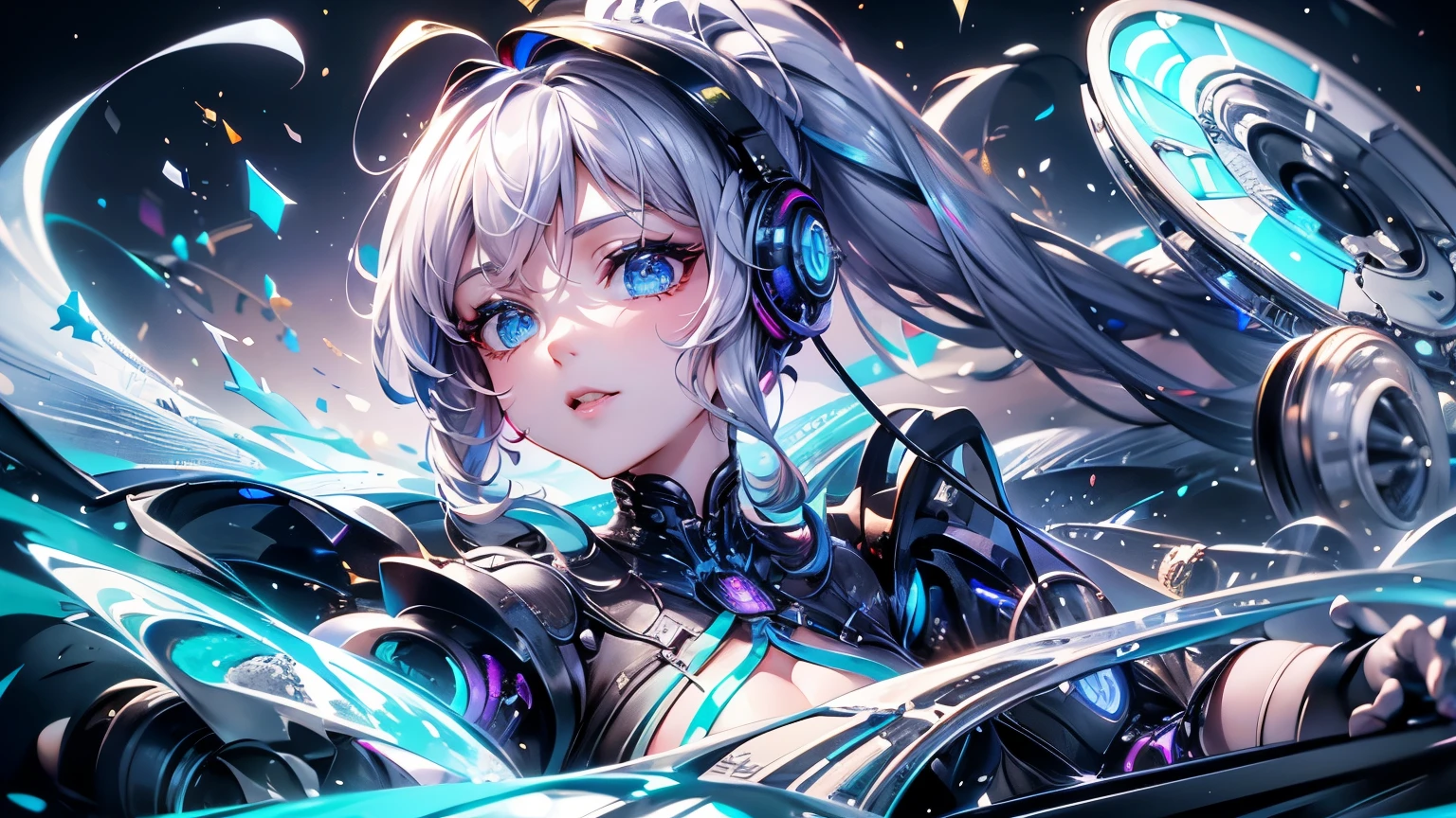 ticker, beautiful eyes, Upper body, portrait、abyss、Shoot with a wide-angle lens,Lightning from Kaleidoscope Hand、flying in the sky、Flawless、neon light, 8k, born, highest quality, table top, 超A high resolution, colorful, (medium wide shot), (dynamic perspective), sharp focus , (Depth of the bounds written, Bokeh:1.3), very detailed目と顔,ninja artist, 緻密でbeautiful eyes、iron, trim gear:1.2), ((table top, highest quality)), detailed background, Inside the spaceship、have a weapon、(gray hair)、blue eyes、ponytail、magnetism、born物発光、lots of crescent moons、rtx,masterpiece,connected to the plug、spectrum、space city、Hvery detailed beautiful porcelain profile female android face、Complex 3D rendering of a headset、cyborg、robot部品、150mm、Soft light in a beautiful studio、rim light、vivid details、gorgeous cyberpunk、Ren Hao、surreal、anatomical、facial muscles、elegant、beautiful background、octane rendering、HR giger style、8k、highest quality、masterpiece、enlightenment、very delicate and beautiful、very detailed、 ,unity ,wallpaper,grow, attention to detail, masterpiece,highest quality,official art,Hvery detailed ticker unity 8k wallpapers、robot、silver beads、((Full body Esbian))
