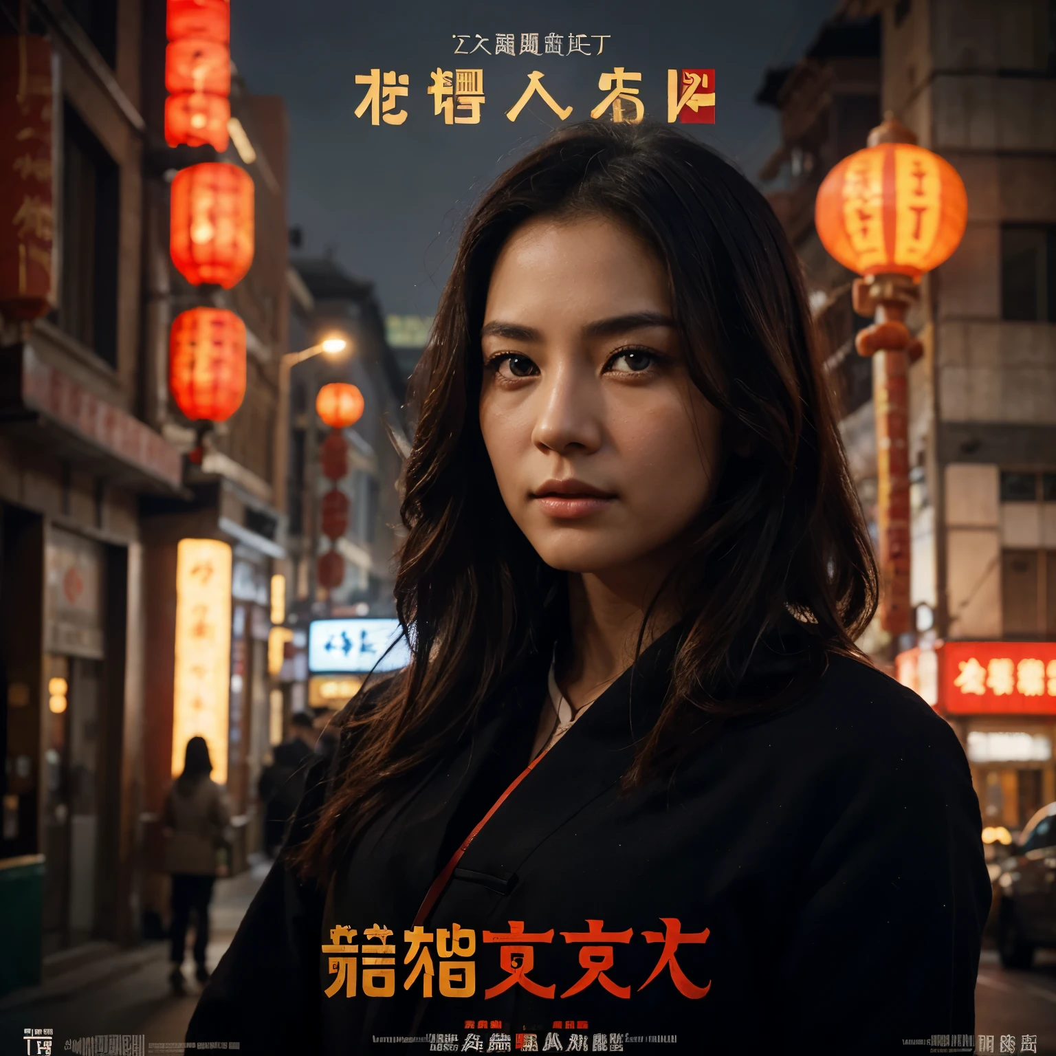 (best quality, movie poster style), a beautiful woman with (one red eye:1.2),(meaningful chinese script writing:1.1), combining the elements perfectly together.