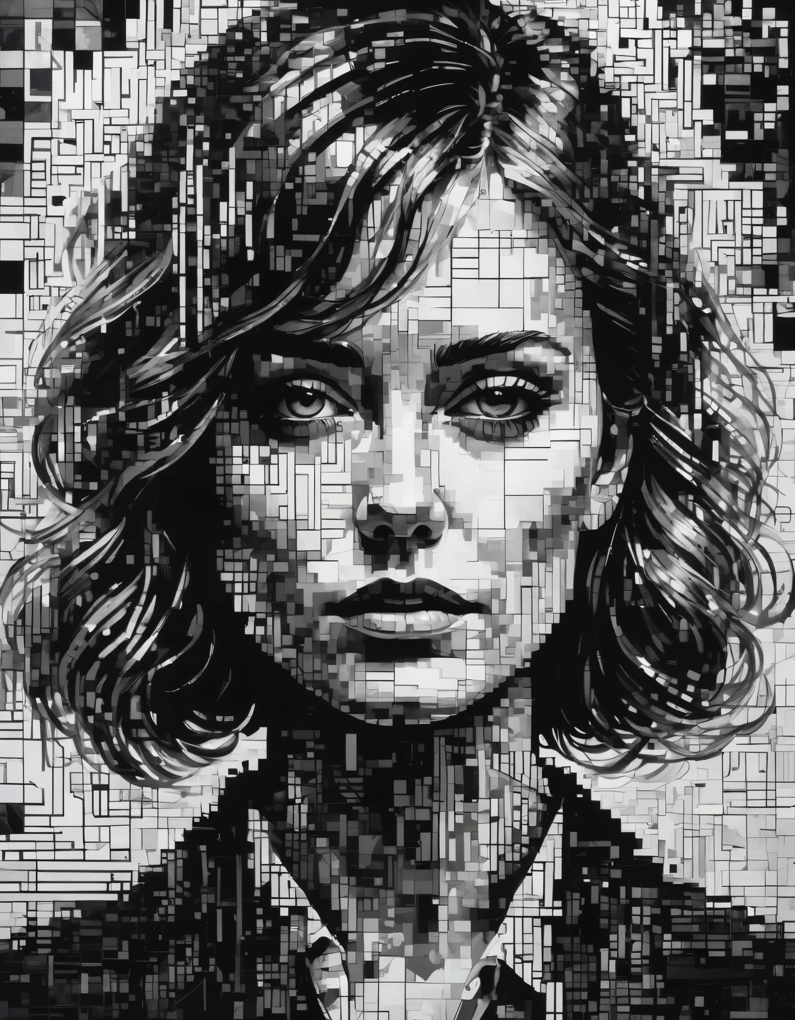 art by a woman whose face is made of pixelated images, in the style of dark black and white, karl kopinski, detailed imagery, pegi nicol macleod, psychological depth in characters, modular, roger deakins