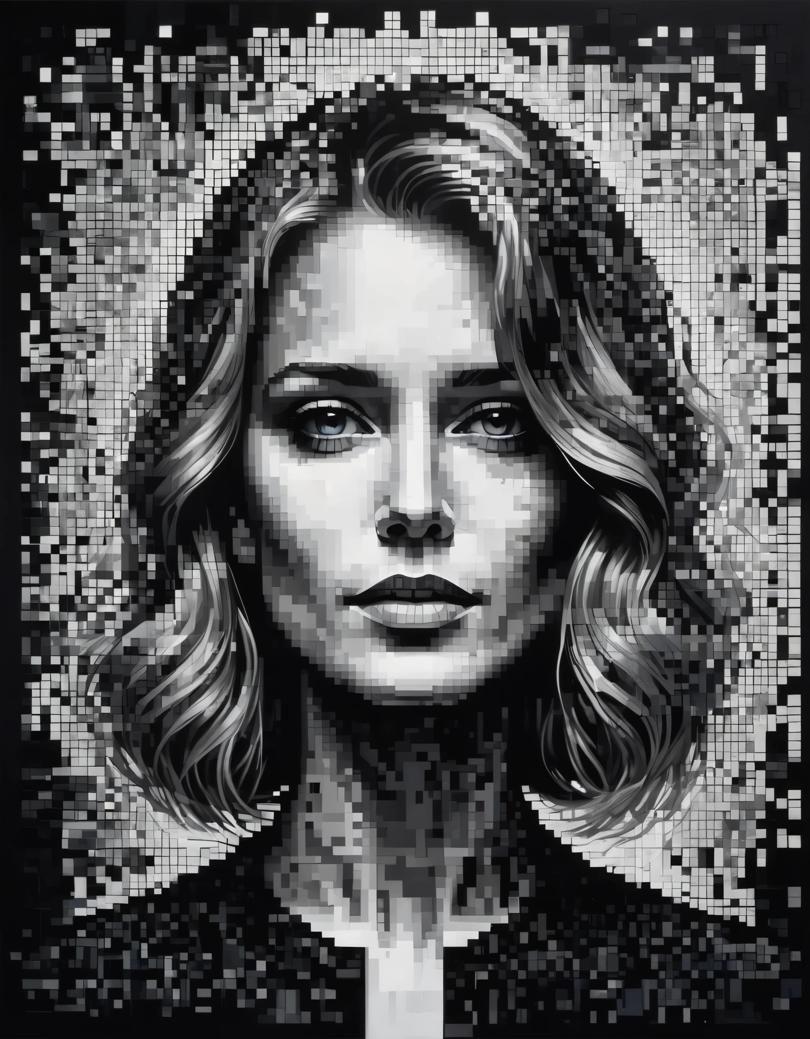 art by a woman whose face is made of pixelated images, in the style of dark black and white, karl kopinski, detailed imagery, pegi nicol macleod, psychological depth in characters, modular, roger deakins